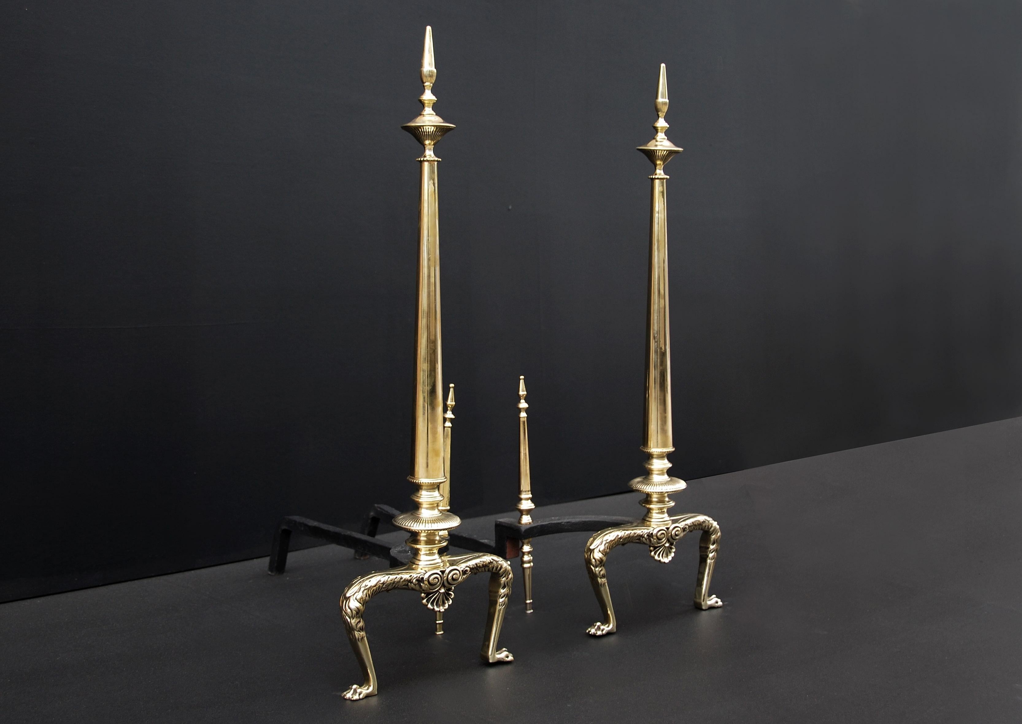 English Pair of Tapering Brass Andirons For Sale