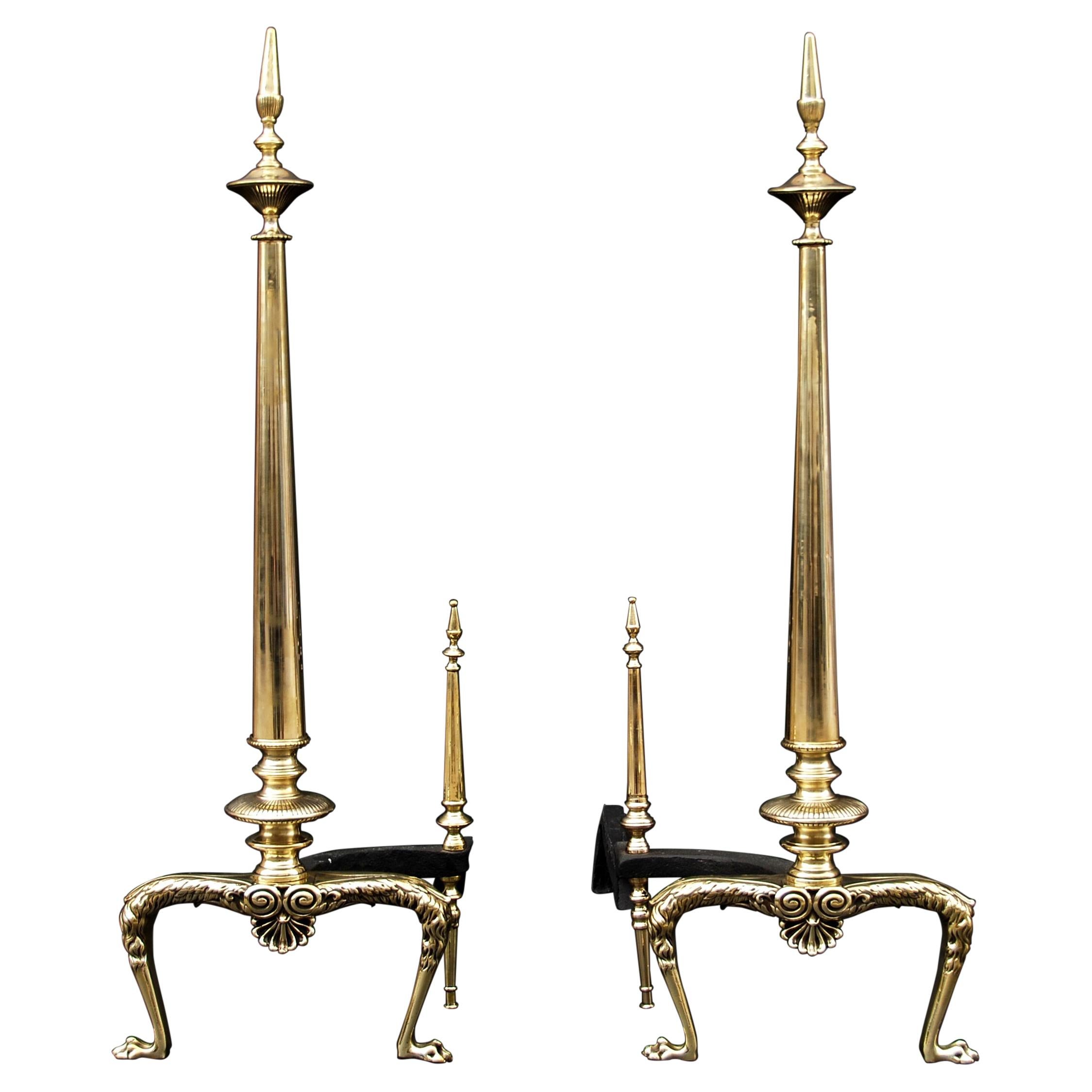 Pair of Tapering Brass Andirons For Sale