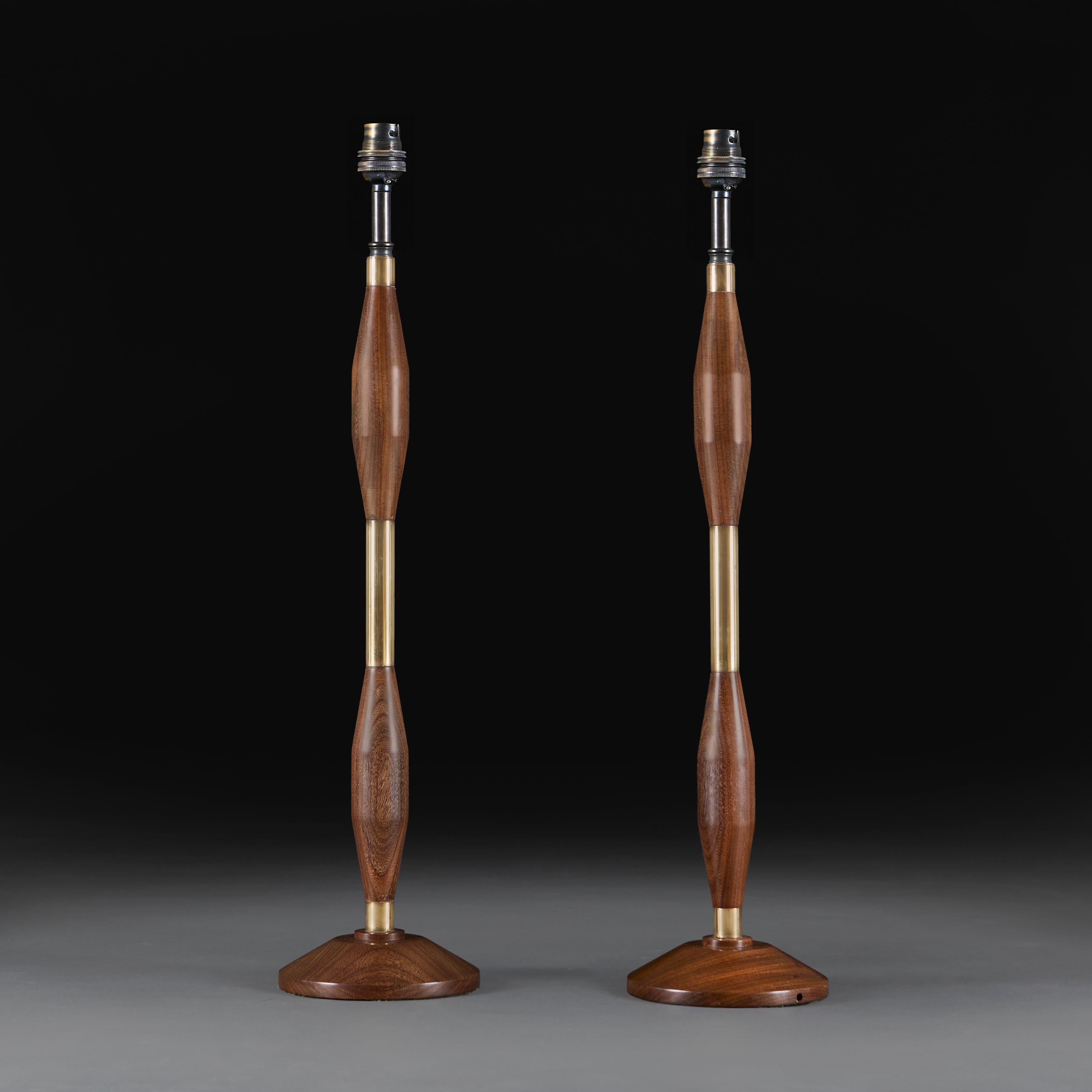 Danish A Pair of Teak and Brass Torpedo Form Table Lamps