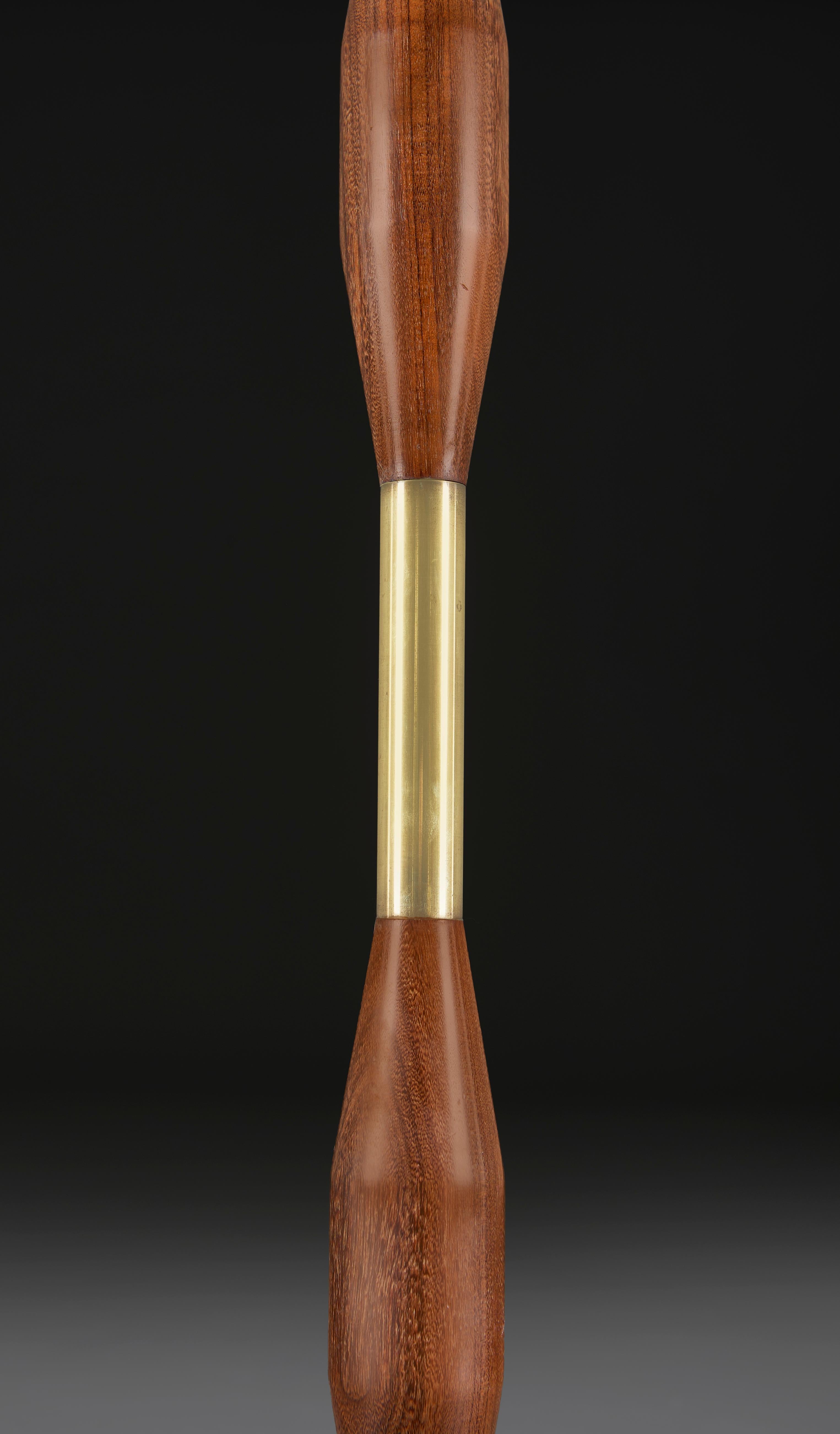 20th Century A Pair of Teak and Brass Torpedo Form Table Lamps