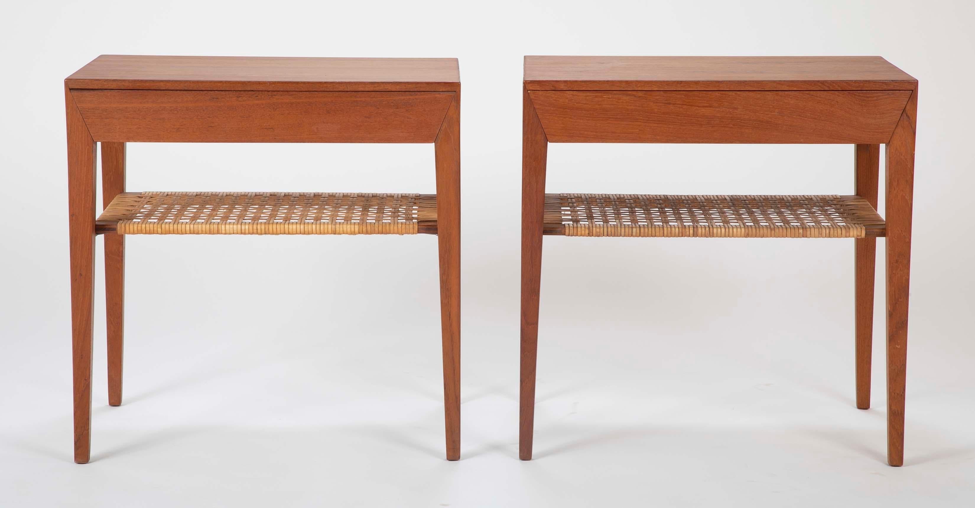 Mid-Century Modern Pair of Teak Bedside Tables with Rush Shelf Designed by Severin Hansen Jr.