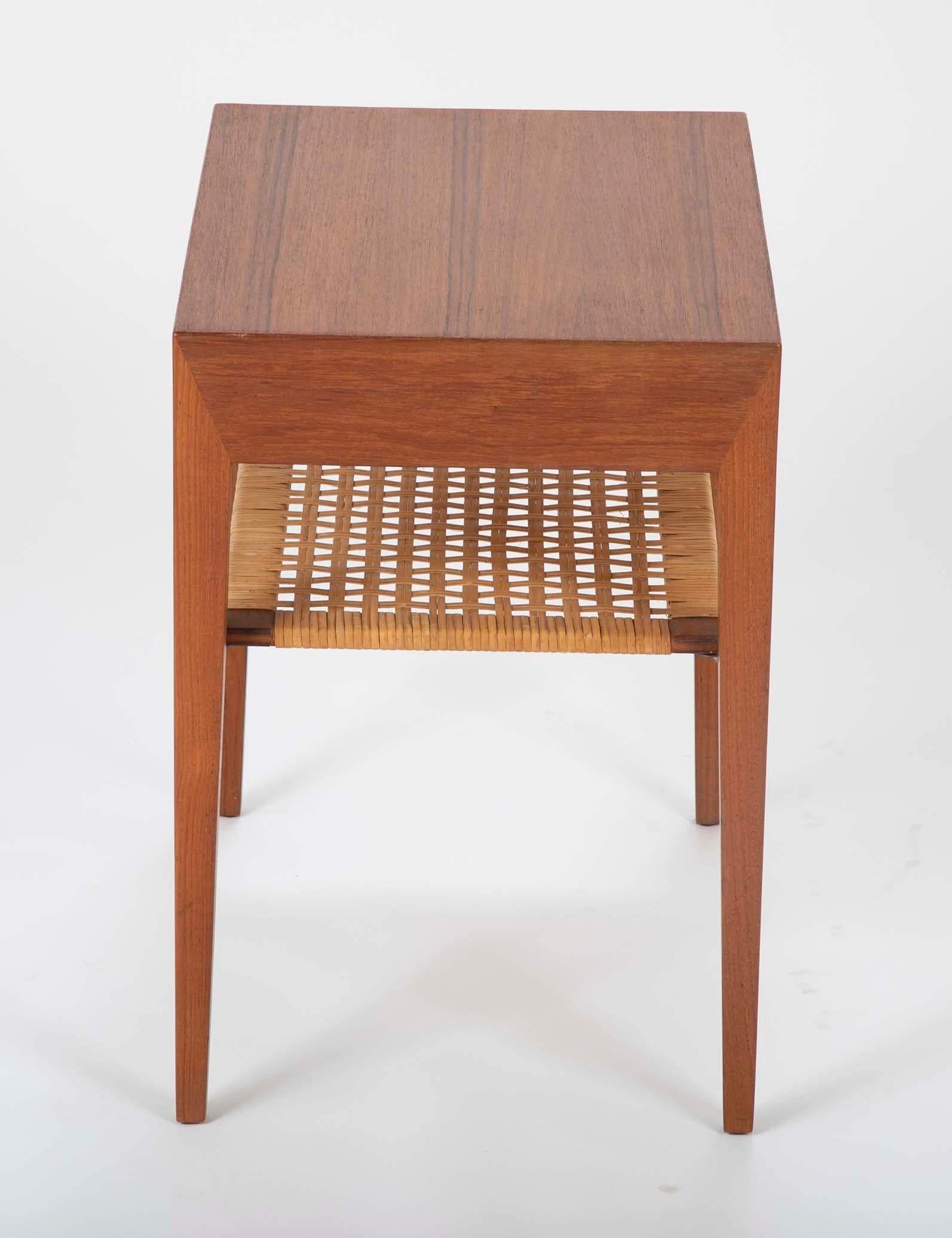 Caning Pair of Teak Bedside Tables with Rush Shelf Designed by Severin Hansen Jr.