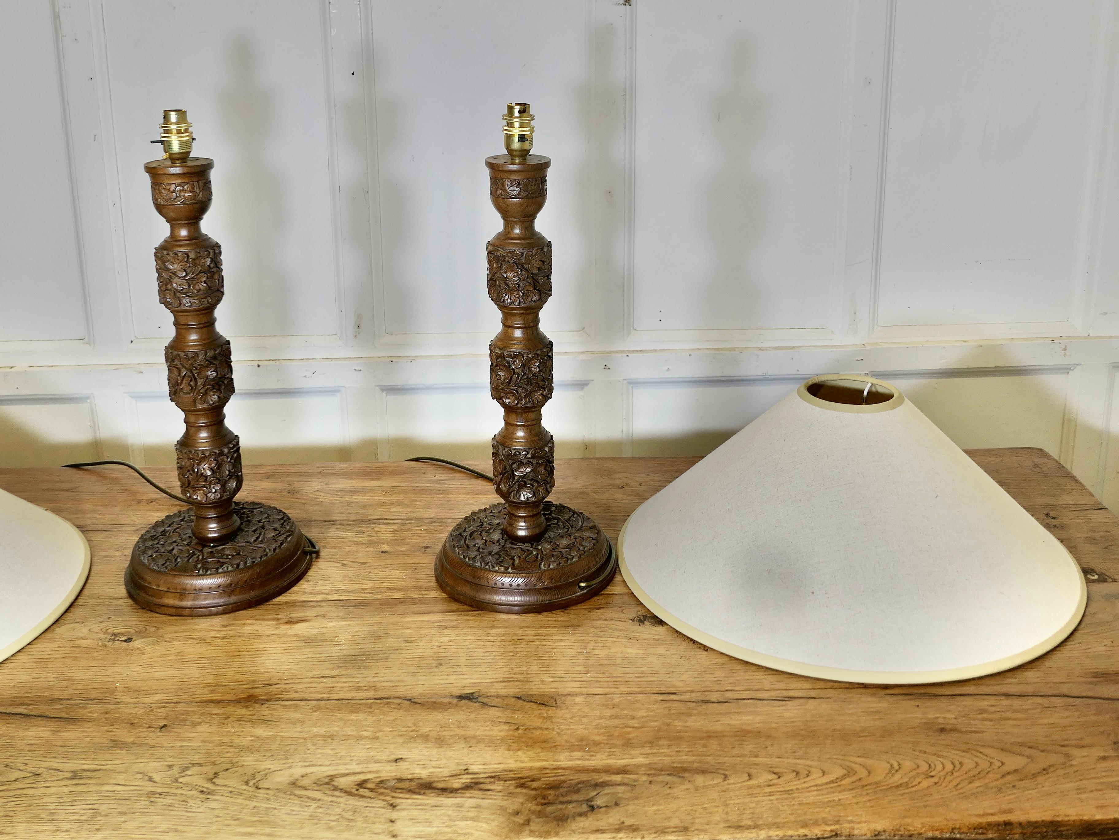 A Pair of Teak Carved Tree of Life Table Lamps   A superb pair of large lamps For Sale 5