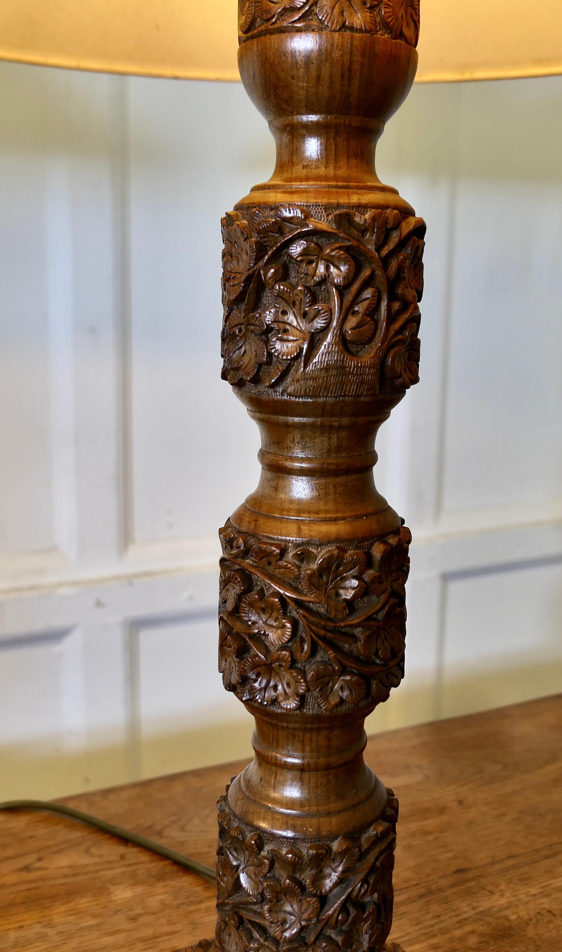 A Pair of Teak Carved Tree of Life Table Lamps   A superb pair of large lamps For Sale 1