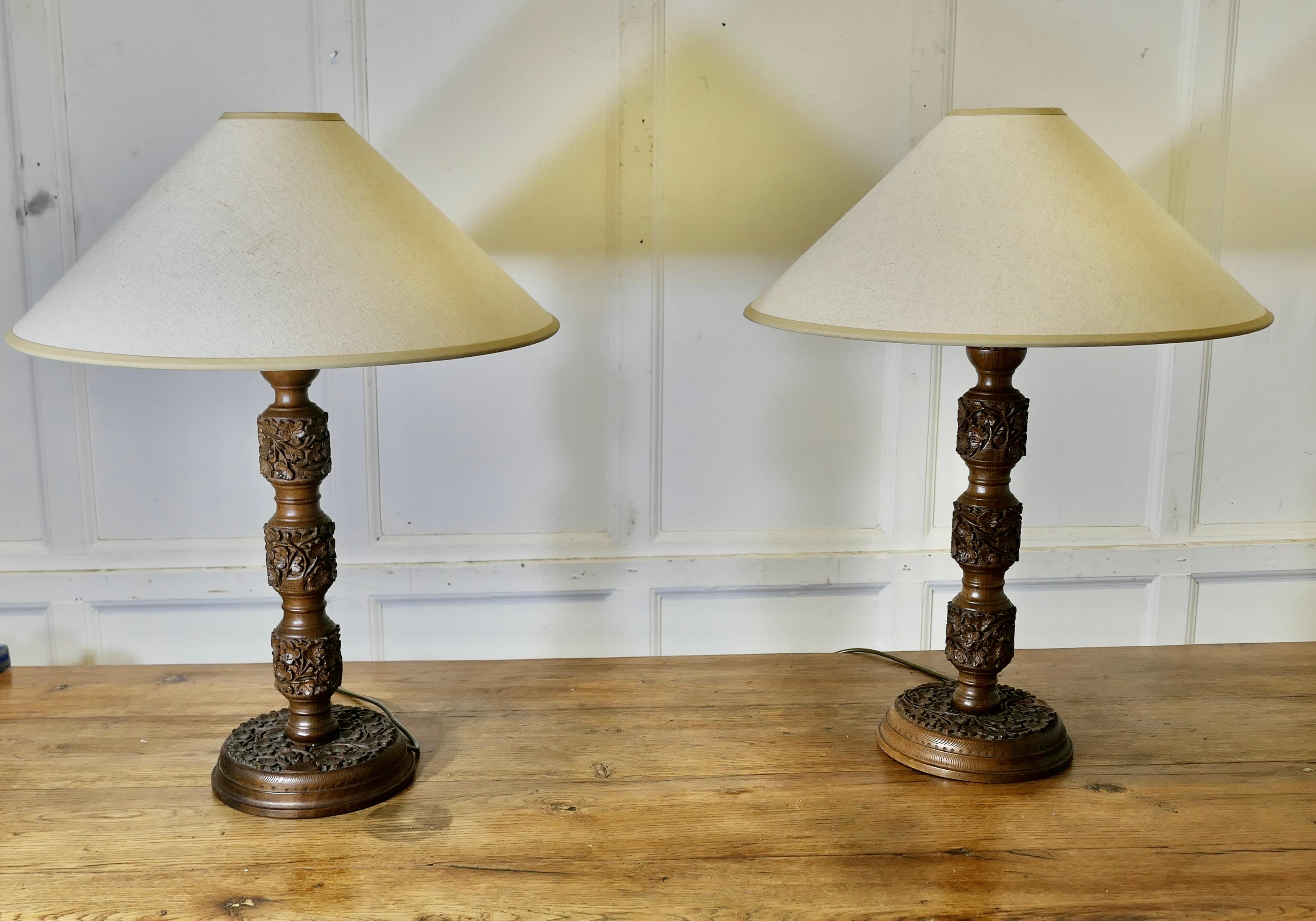 A Pair of Teak Carved Tree of Life Table Lamps   A superb pair of large lamps For Sale 2
