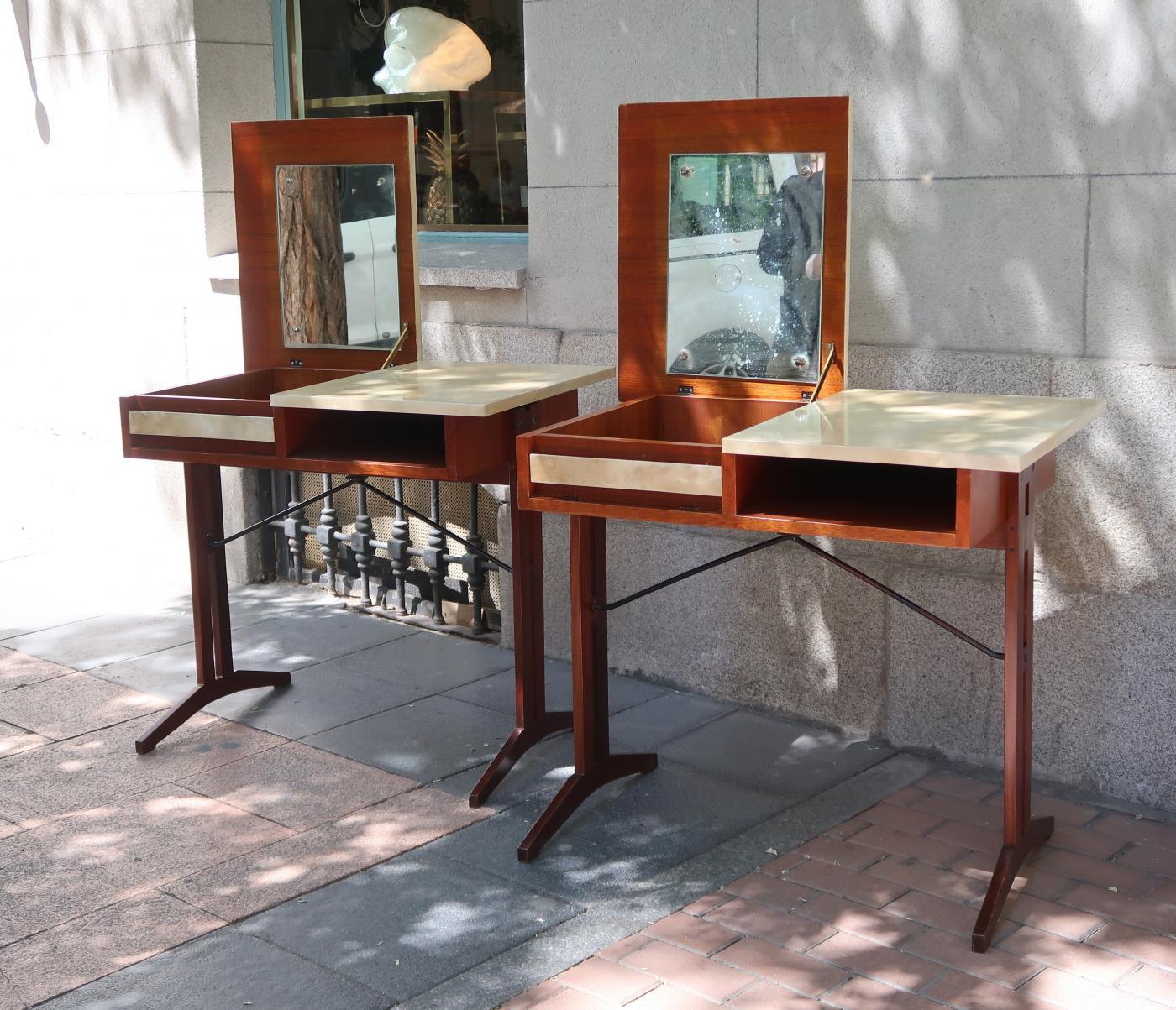 Pair of Teak, Lacquered Parchment and Glass Midcentury Dressers, Italy 1960 1