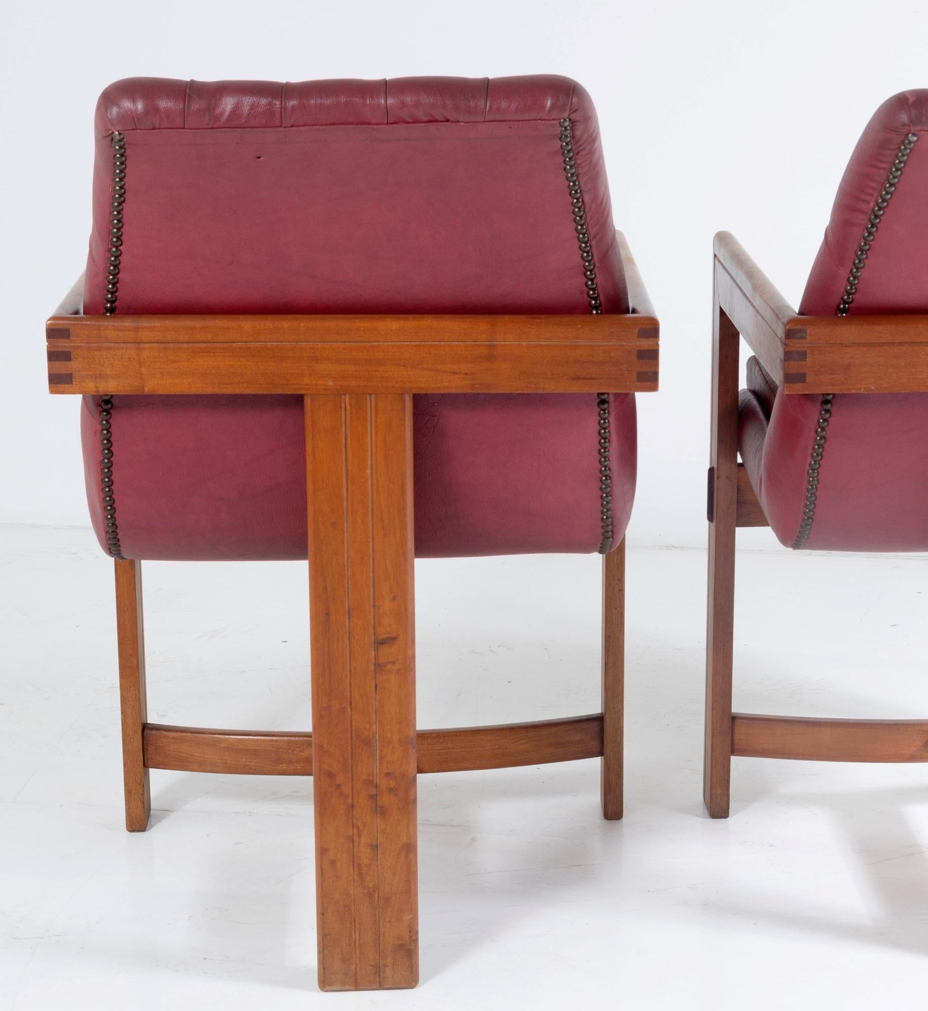 Pair of Teak Leather Library Study Desk Chairs in the Manner of Tobia Scarpa For Sale 6