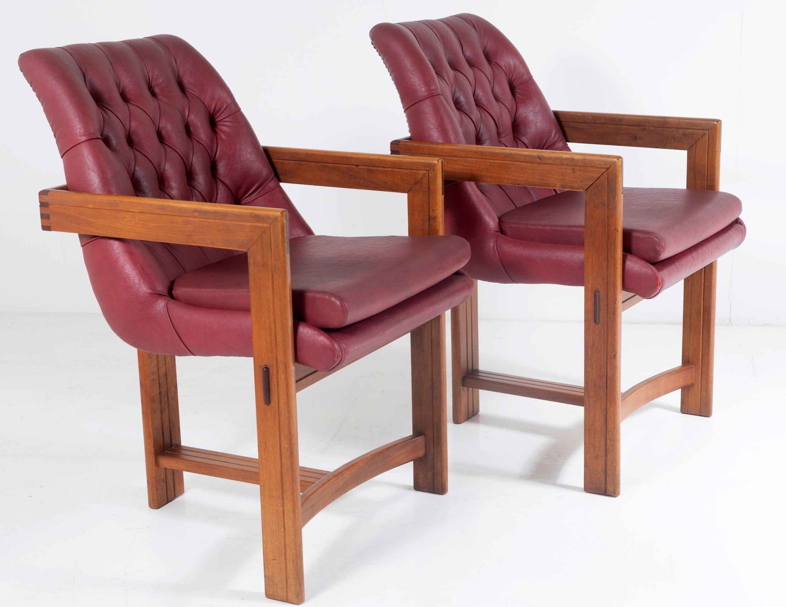 Pair of Teak Leather Library Study Desk Chairs in the Manner of Tobia Scarpa For Sale 1