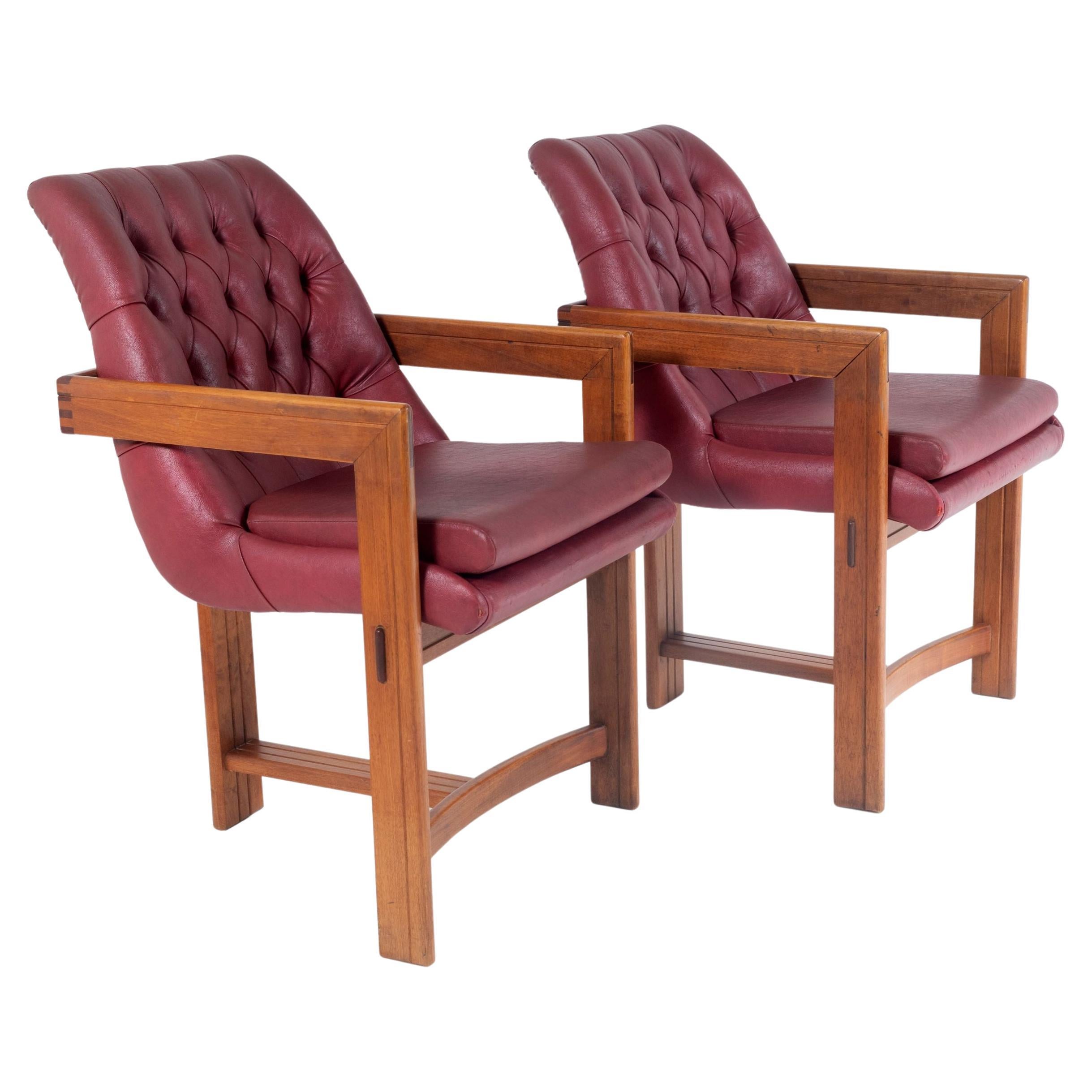 Pair of Teak Leather Library Study Desk Chairs in the Manner of Tobia Scarpa