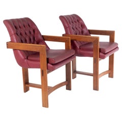 Retro Pair of Teak Leather Library Study Desk Chairs in the Manner of Tobia Scarpa