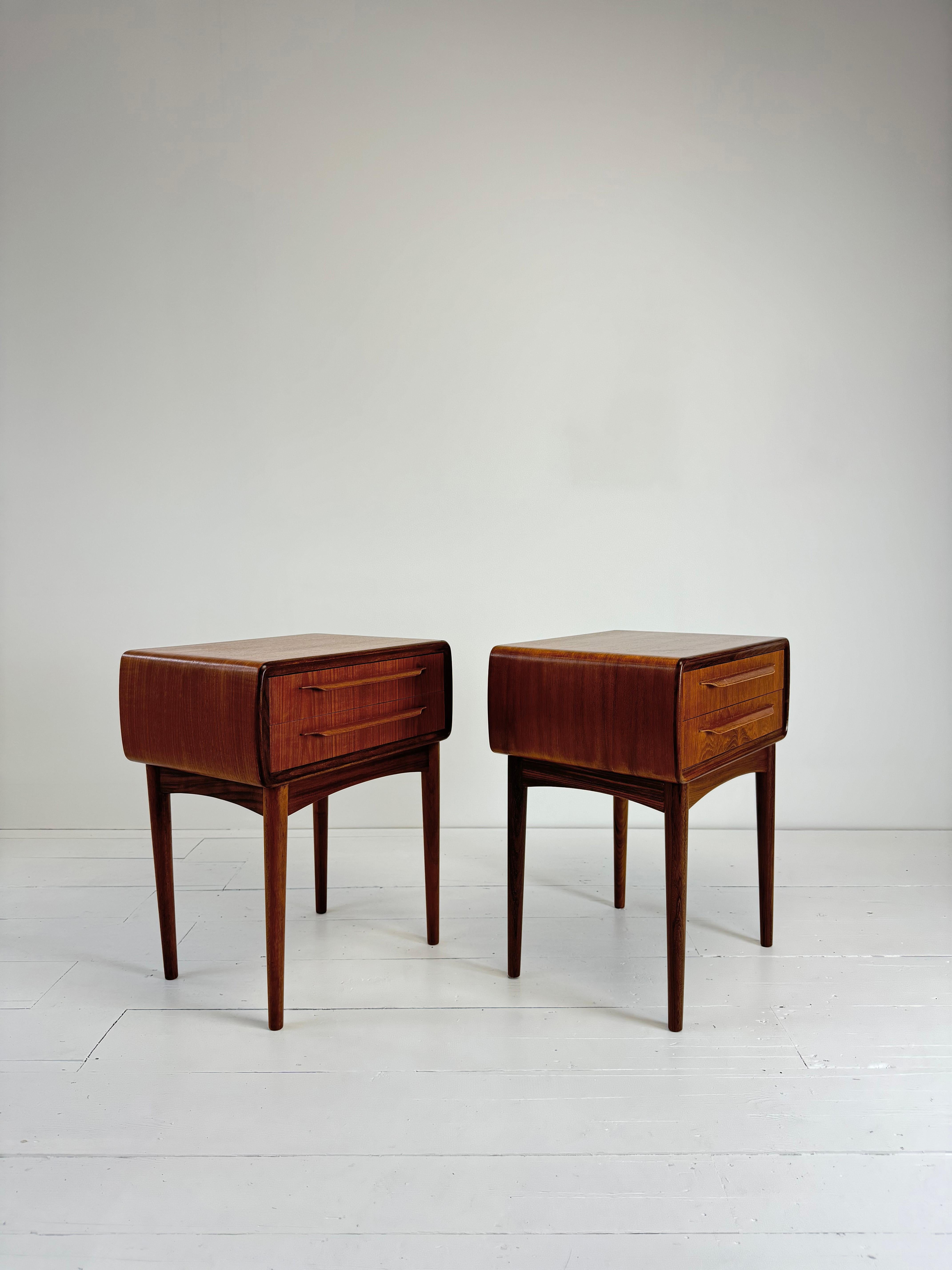 A touch of mid-century elegance for the bedroom with these stunning pair of teak Night Stands by Johaness Andersen for Silkborg Møbelfabrik, crafted in Denmark in the 1960s, these distinctive and rare pieces, feature the clean sumptuous lines and