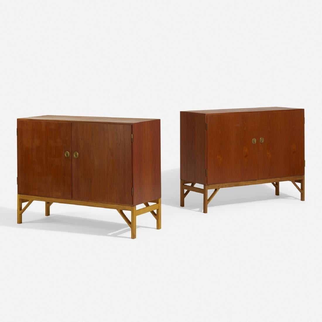 Danish Pair of Teak, Oak and Brass Cabinets Designed by Borge Mogensen