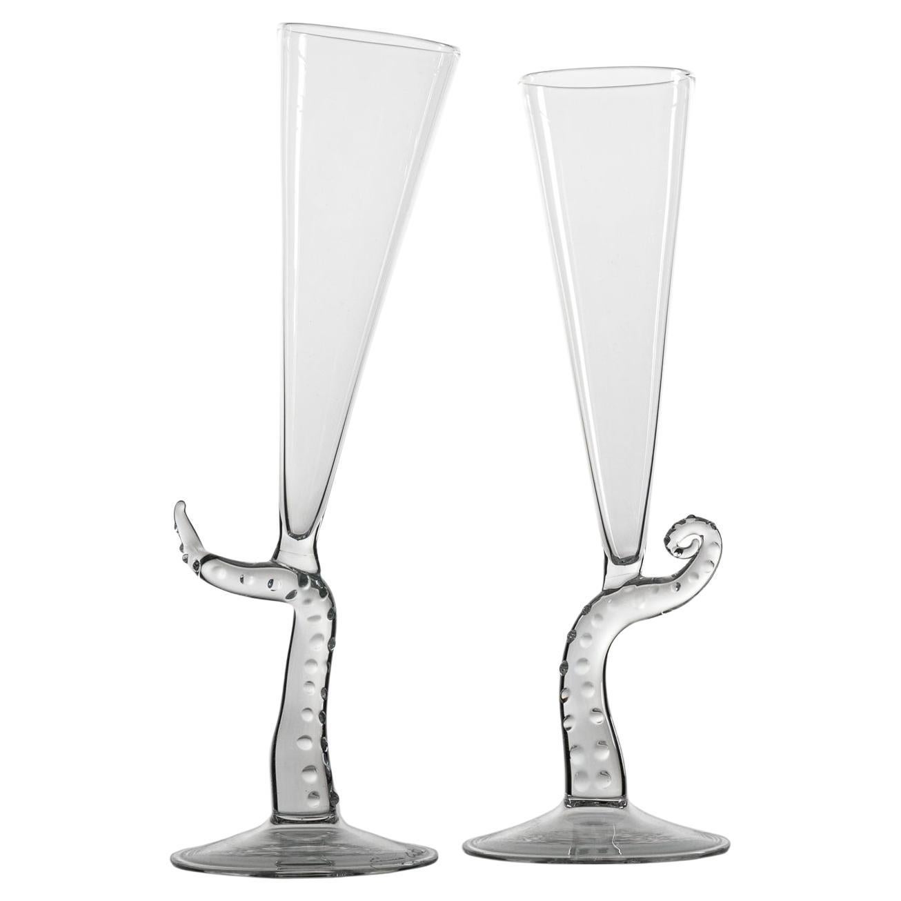 "A Pair of Tentacle Flutes" Hand Blown Glasses by Simone Crestani For Sale