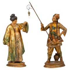 A Pair of Terra Cotta Chinoiserie Figurine Table Lamps