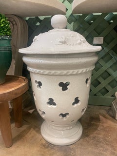A Pair of Terracotta French Garden Lantern in White Glaze with a Sphere Top