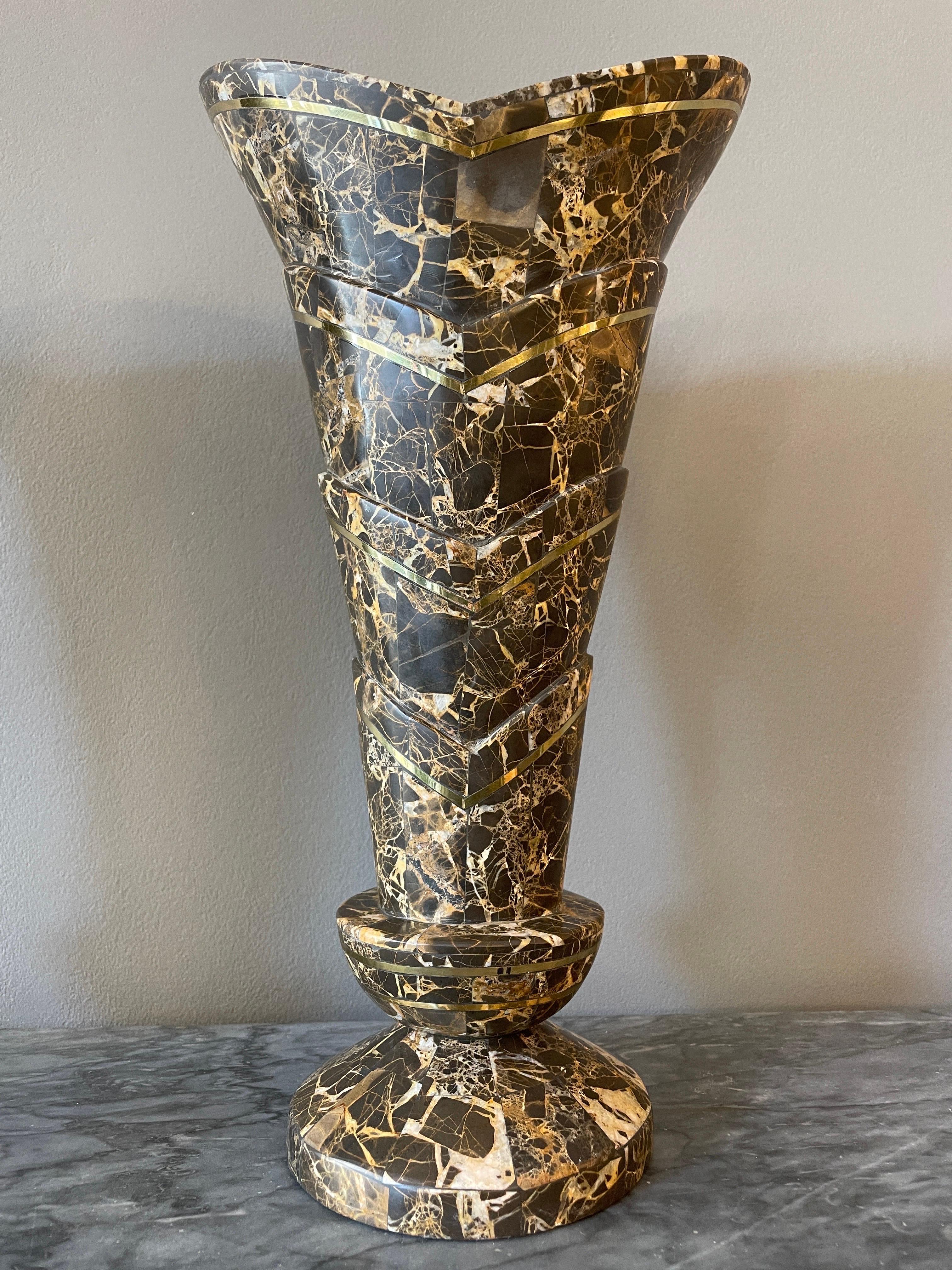 Pair of Tessellated Marble and Brass Vases  For Sale 3