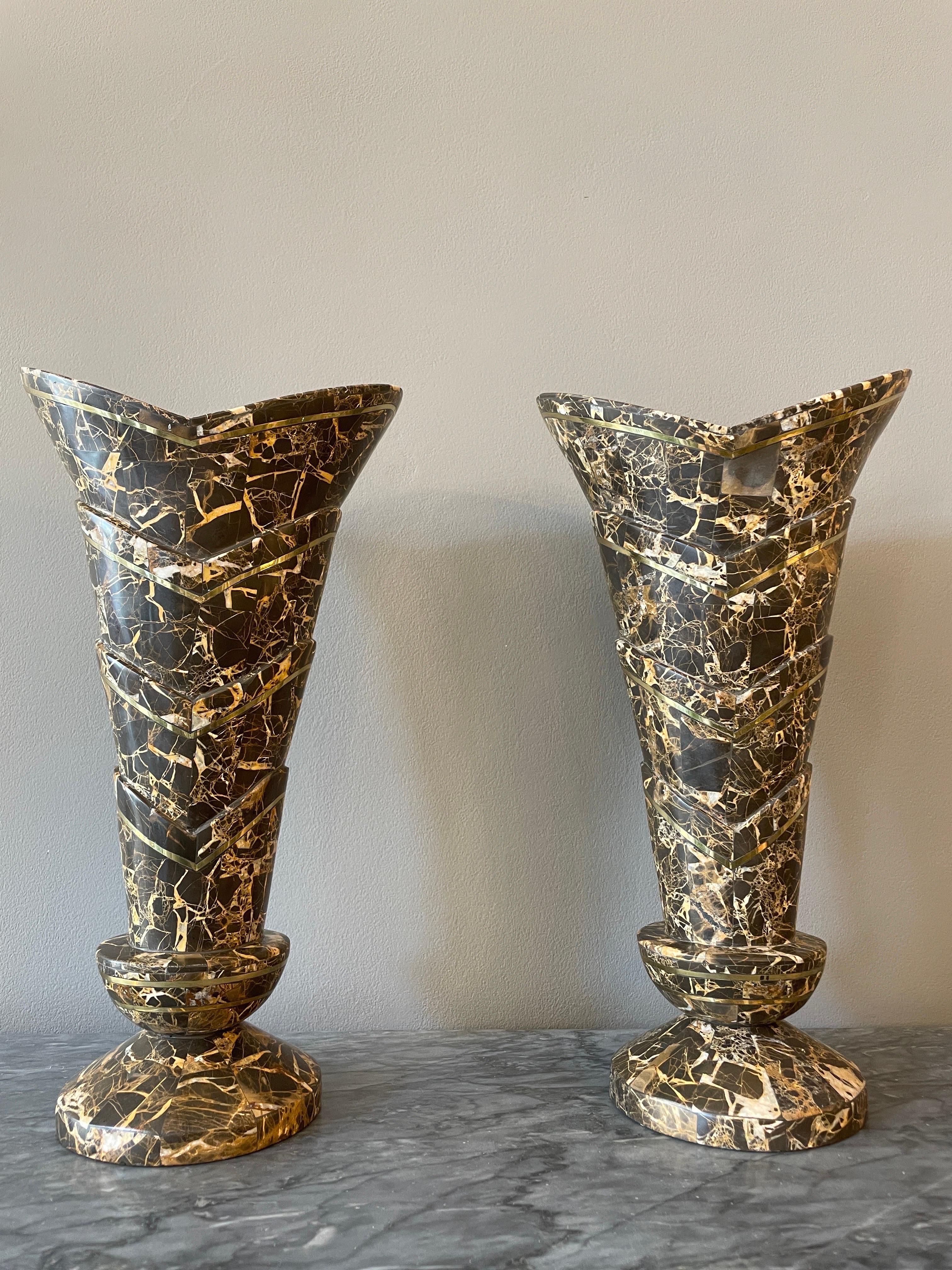 Pair of Tessellated Marble and Brass Vases  For Sale 5