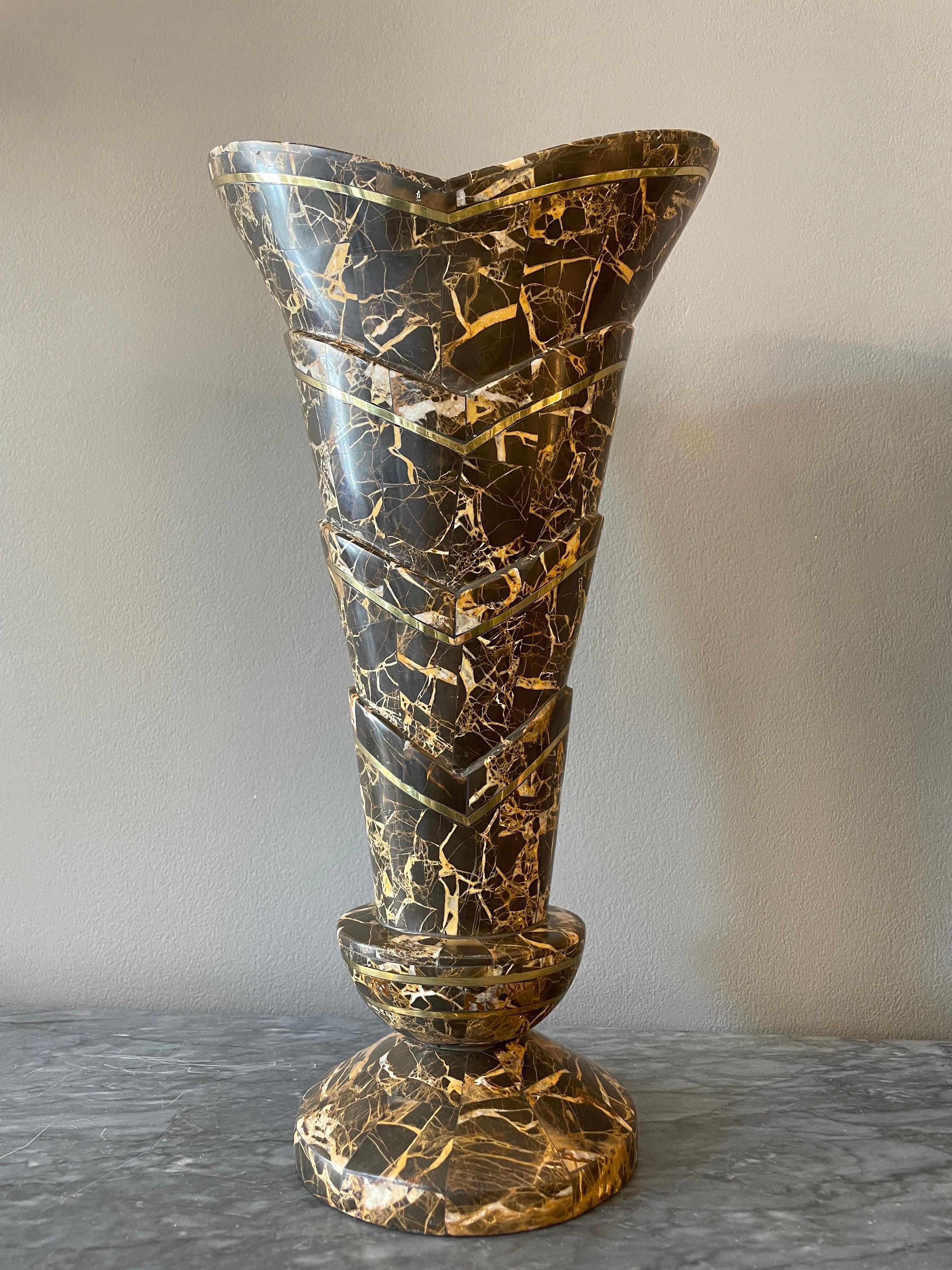 Pair of Tessellated Marble and Brass Vases  For Sale 6