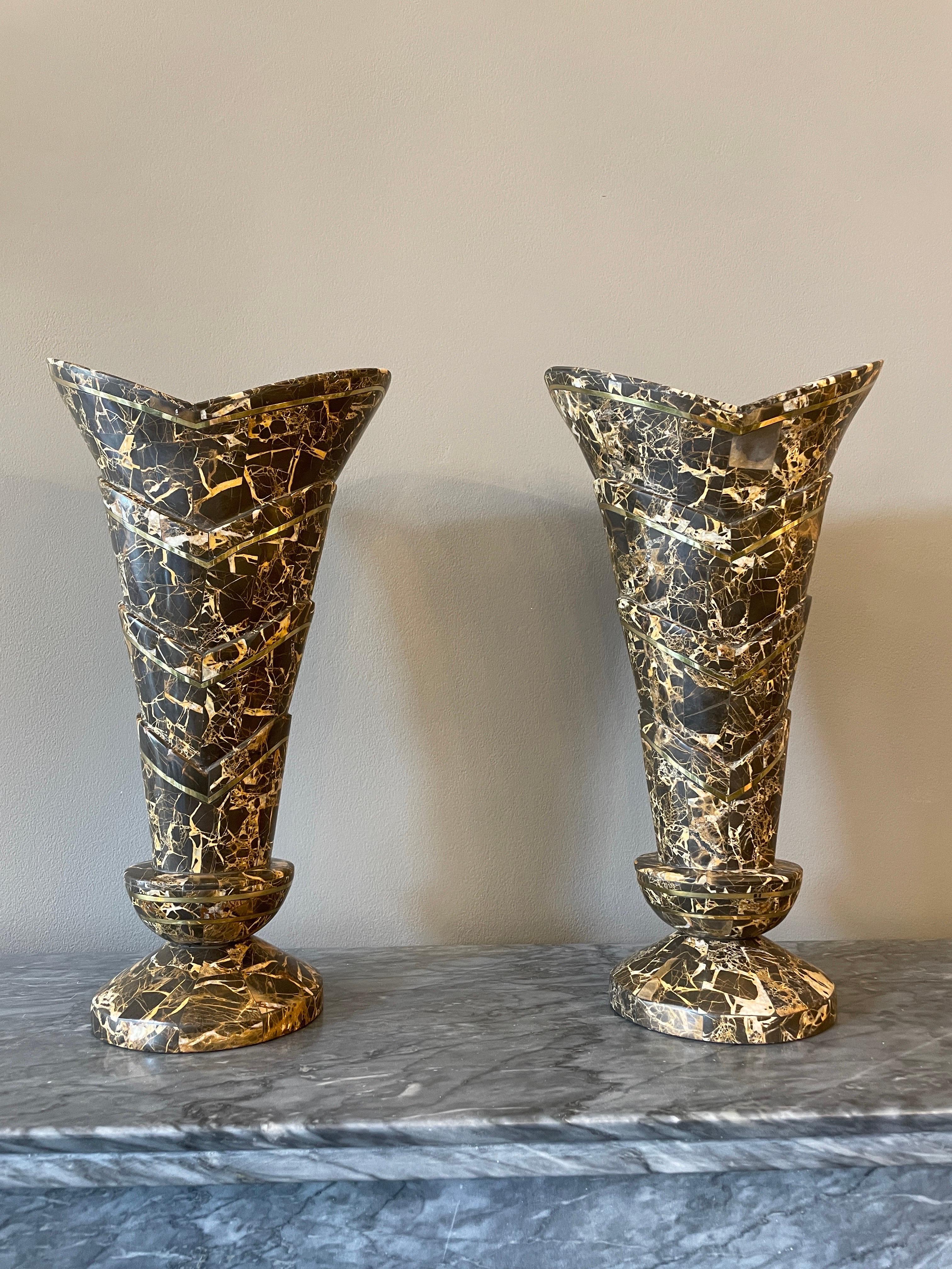Modern Pair of Tessellated Marble and Brass Vases  For Sale