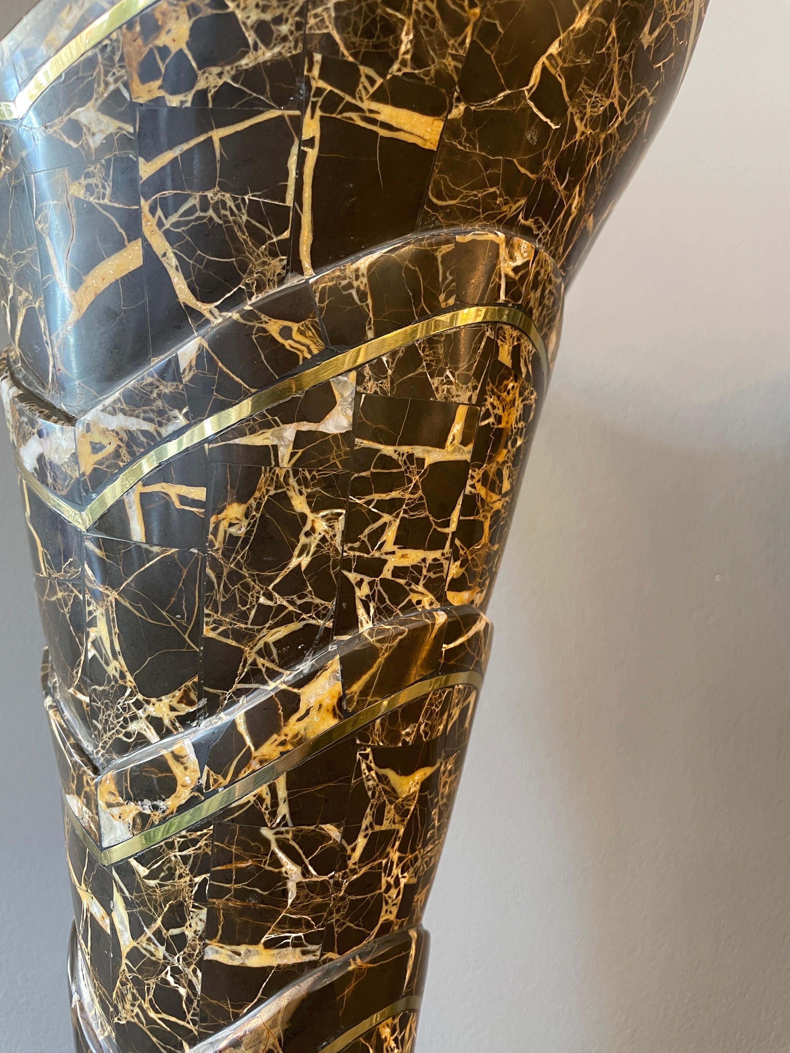 Inlay Pair of Tessellated Marble and Brass Vases  For Sale