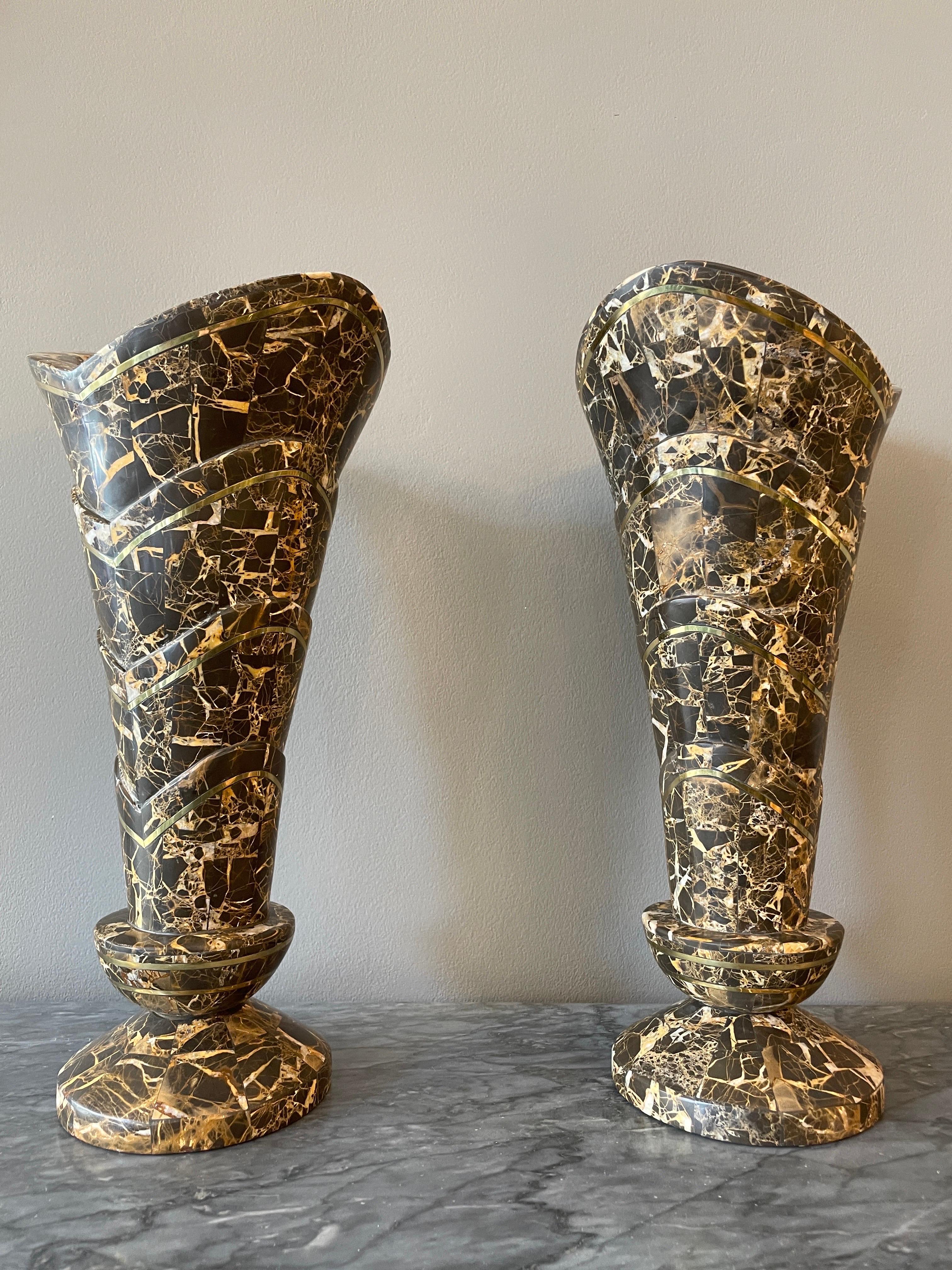 20th Century Pair of Tessellated Marble and Brass Vases  For Sale
