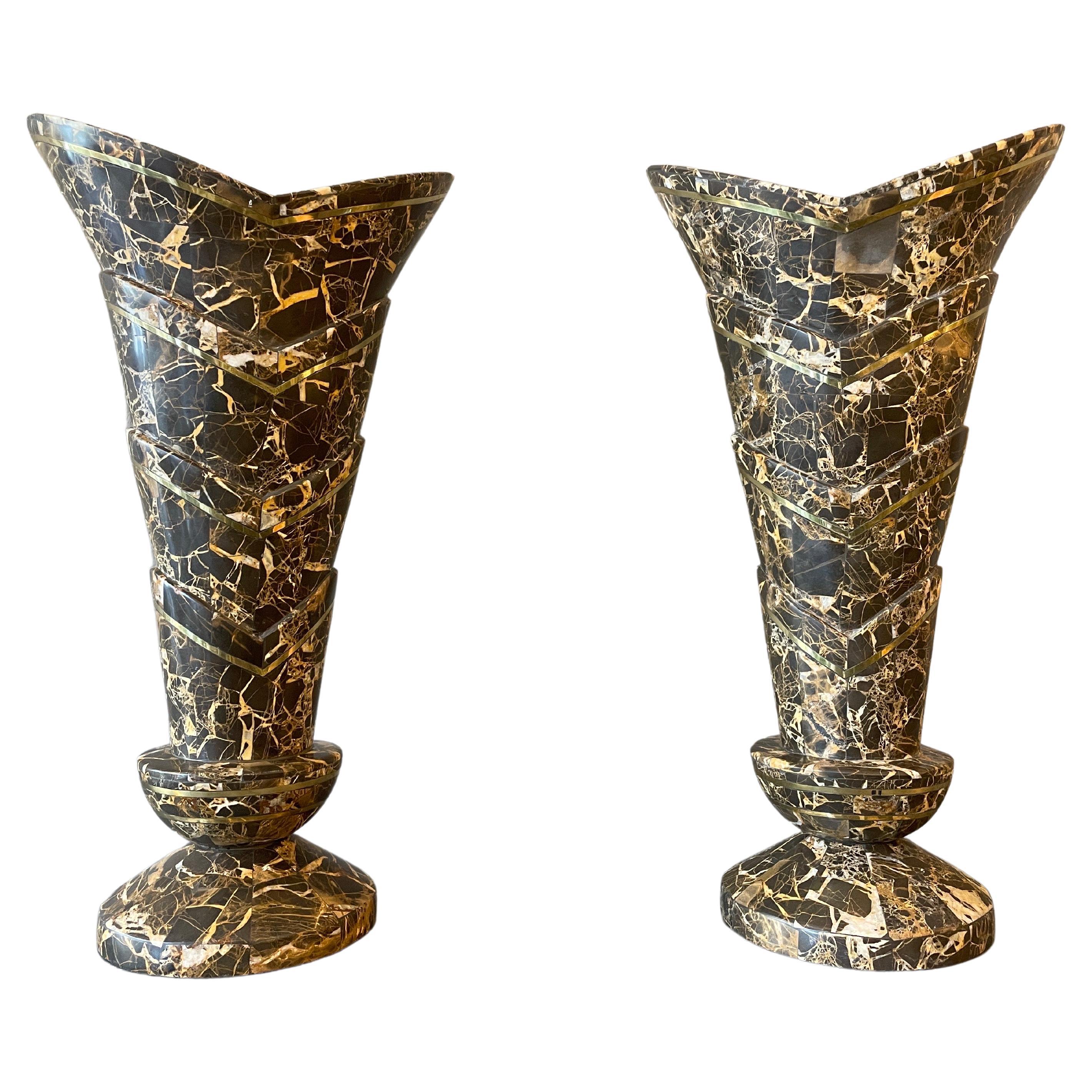 Pair of Tessellated Marble and Brass Vases  For Sale