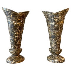 Retro Pair of Tessellated Marble and Brass Vases 