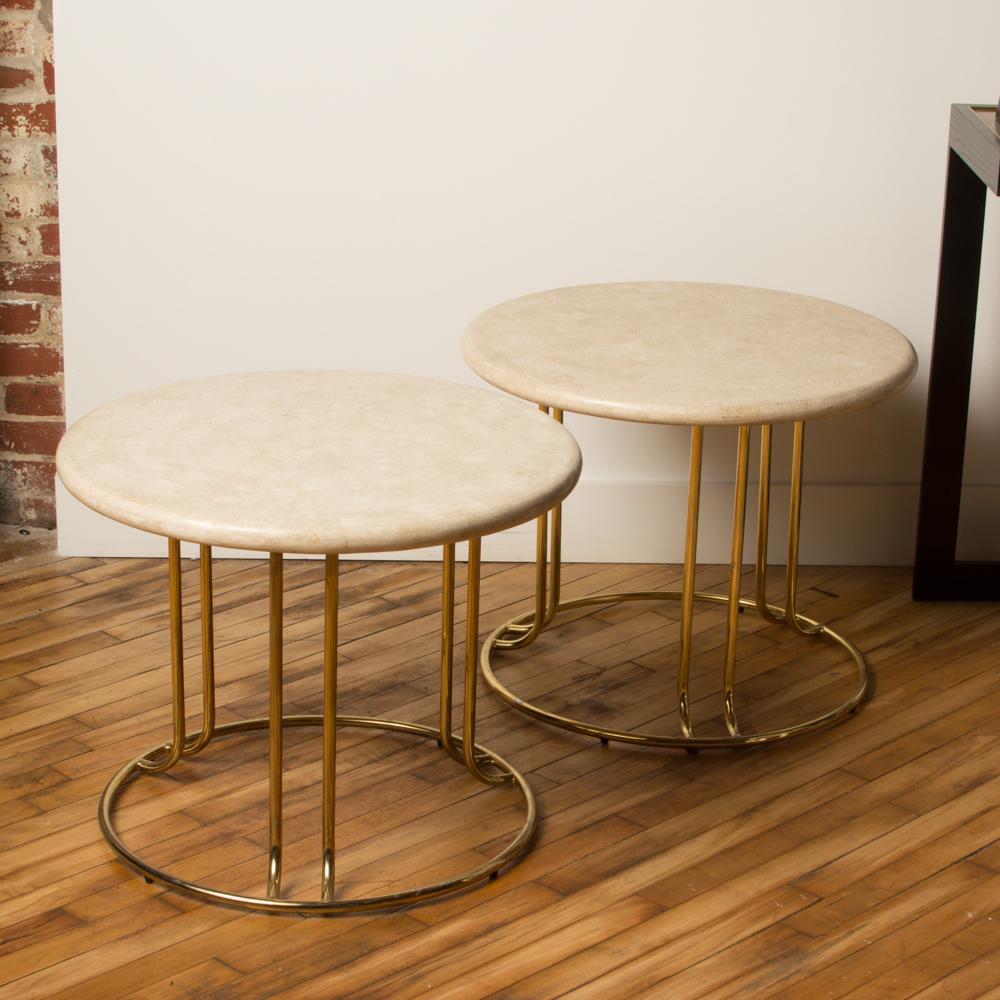 Pair of Tessellated Stone Round Side Tables by Maitland Smith with Brass Bases In Good Condition In Philadelphia, PA