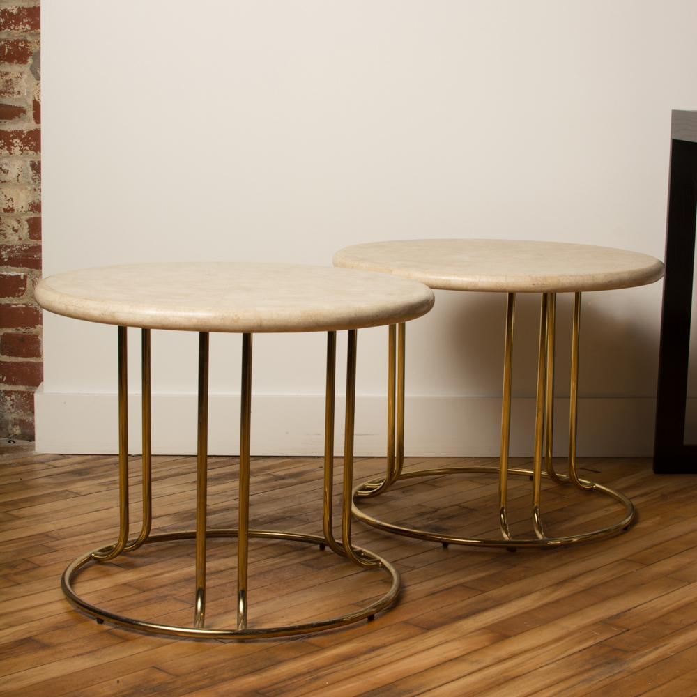 Late 20th Century Pair of Tessellated Stone Round Side Tables by Maitland Smith with Brass Bases For Sale