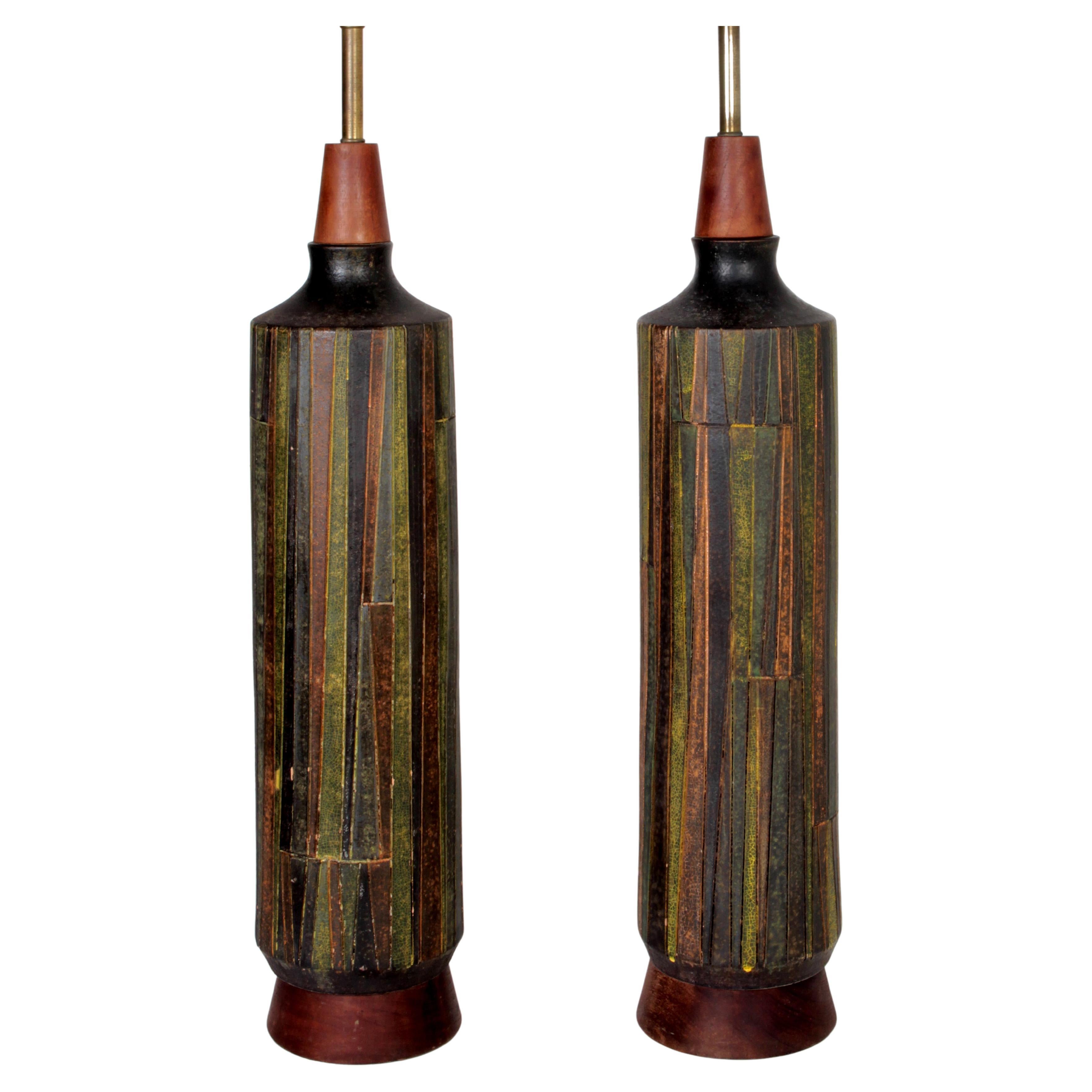 Raymor Textured Ceramic and Teak Table Lamps Designed by Aldo Londi, Circa 1950s