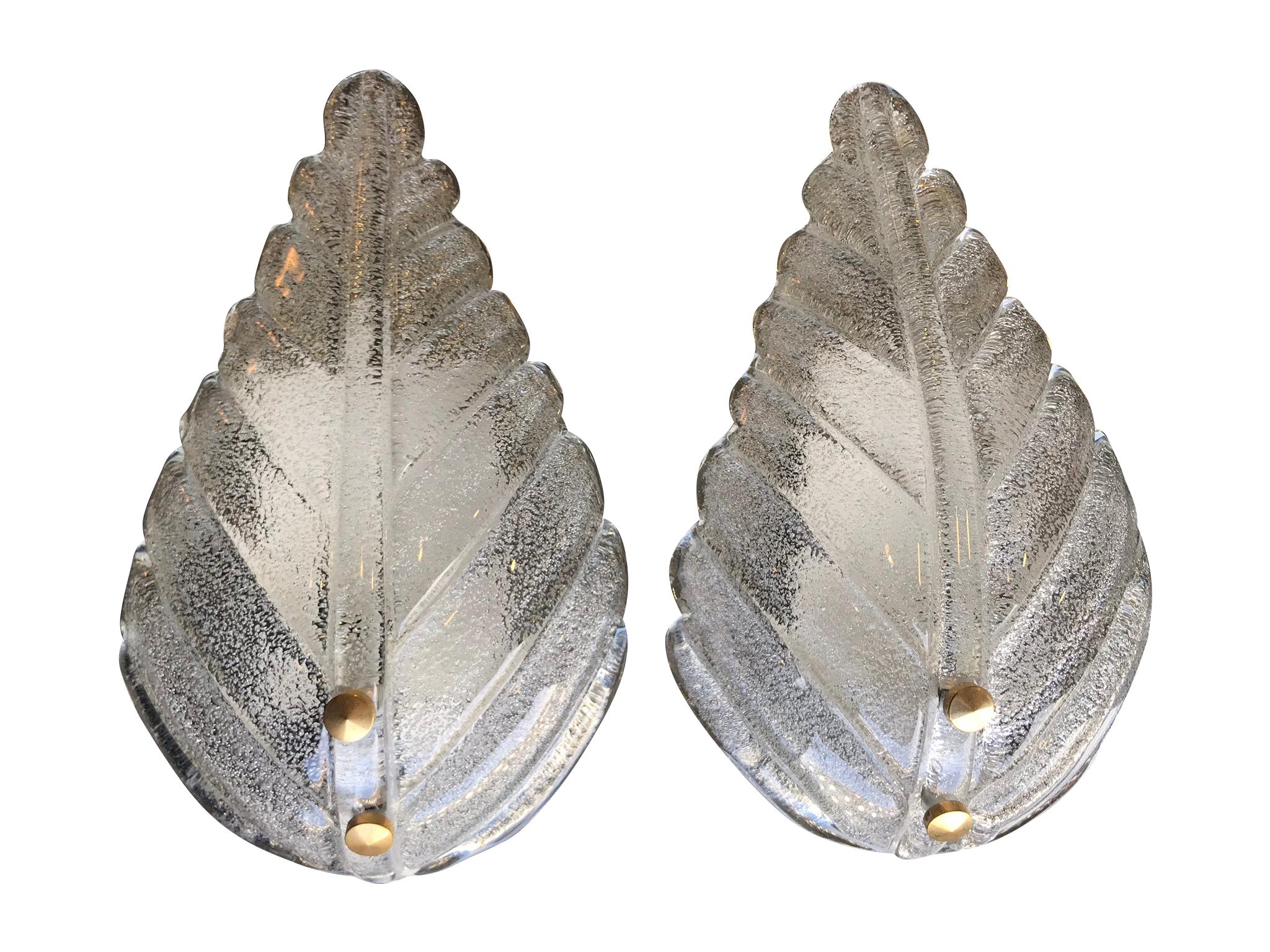 Mid-Century Modern Pair of Textured Murano Glass Leaf Wall Sconces with Brass Screw Fittings