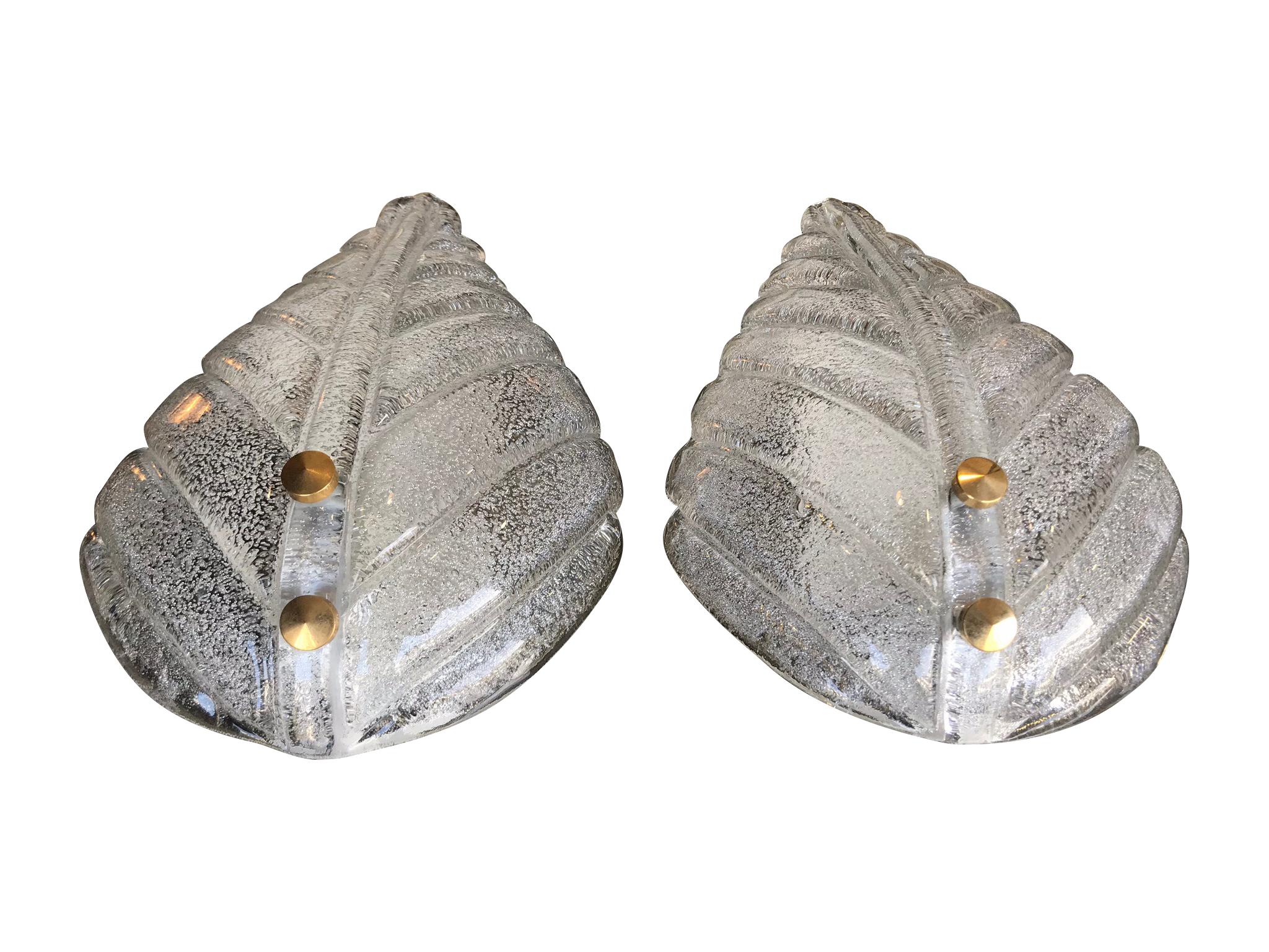 Italian Pair of Textured Murano Glass Leaf Wall Sconces with Brass Screw Fittings