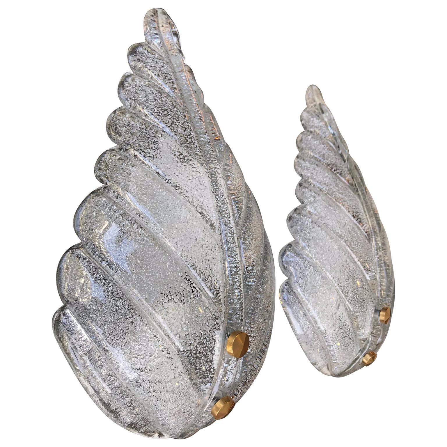 Pair of Textured Murano Glass Leaf Wall Sconces with Brass Screw Fittings