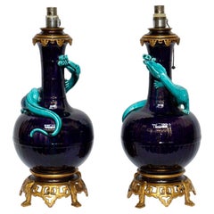 Pair of Théodore Deck Lizards Vases Ormolu-Mounted in Lamps