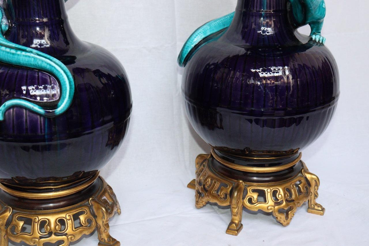 Pair of Théodore Deck Lizards Vases Ormolu-Mounted in Lamps 3