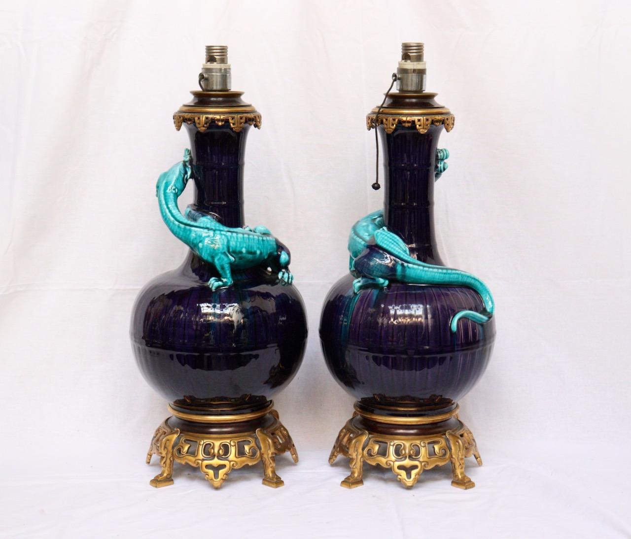 Chinoiserie Pair of Théodore Deck Lizards Vases Ormolu-Mounted in Lamps