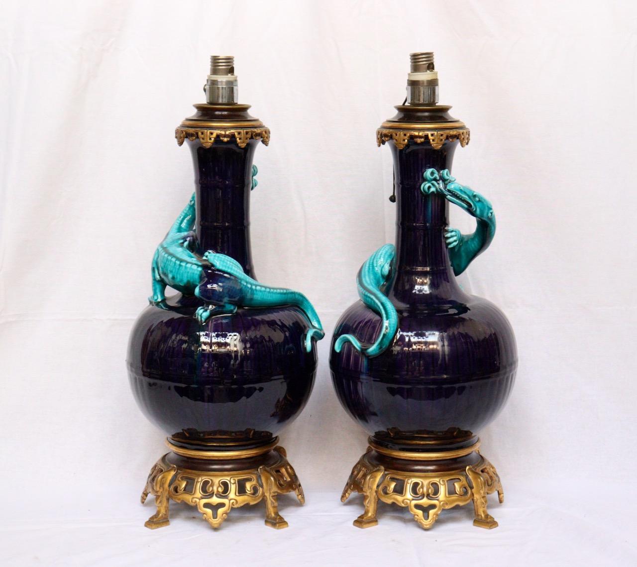 French Pair of Théodore Deck Lizards Vases Ormolu-Mounted in Lamps