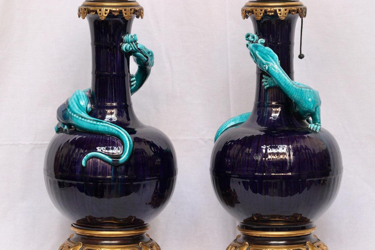 Enameled Pair of Théodore Deck Lizards Vases Ormolu-Mounted in Lamps