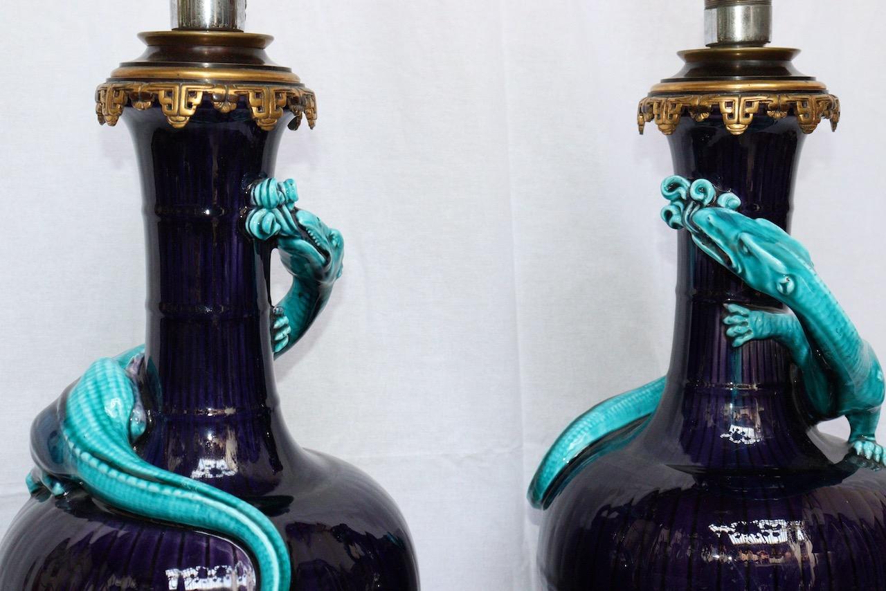 Pair of Théodore Deck Lizards Vases Ormolu-Mounted in Lamps In Good Condition In Saint-Ouen, FR