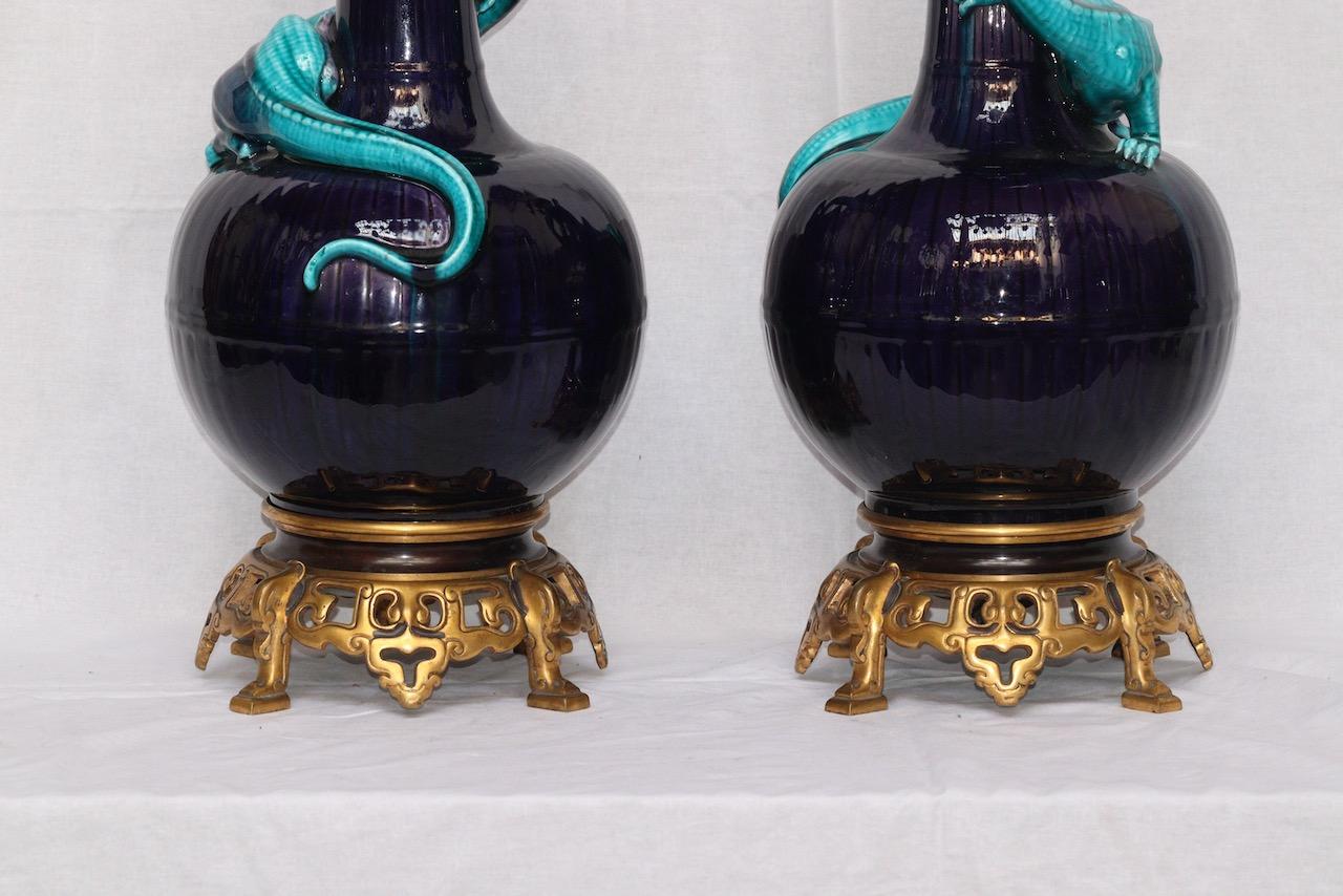 Late 19th Century Pair of Théodore Deck Lizards Vases Ormolu-Mounted in Lamps