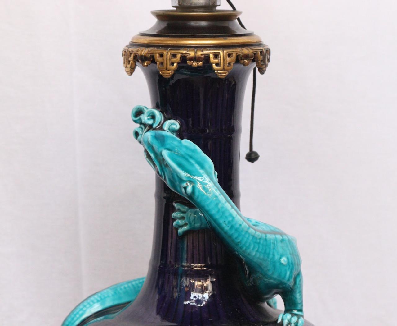 Bronze Pair of Théodore Deck Lizards Vases Ormolu-Mounted in Lamps