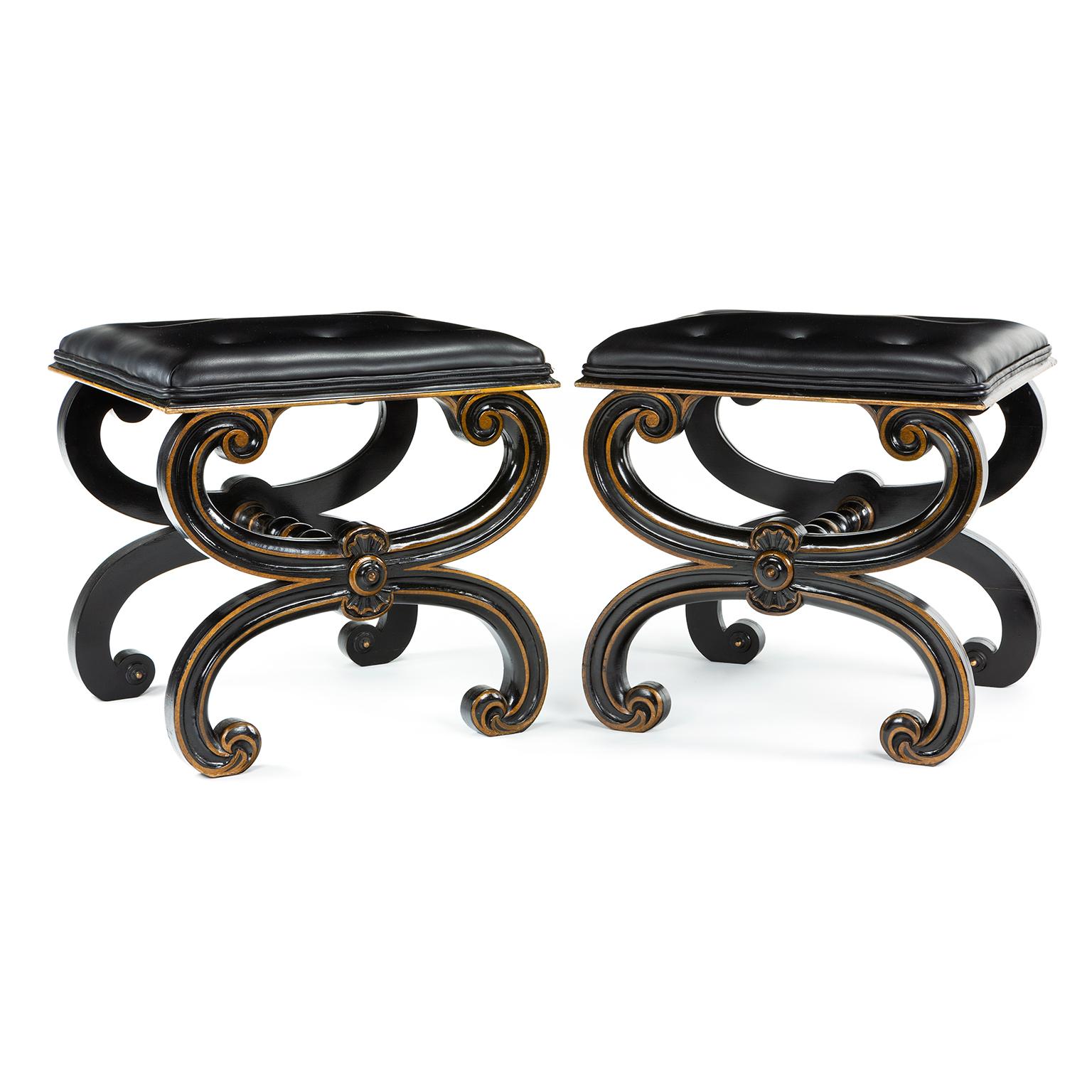 A pair of stools covered in in black leather with a black painted finish edged in gold, after a design by Thomas Hope.

Thomas Hope’s influence over the newly-coined ‘interior design’, continued long after his death in 1831. Thanks to the