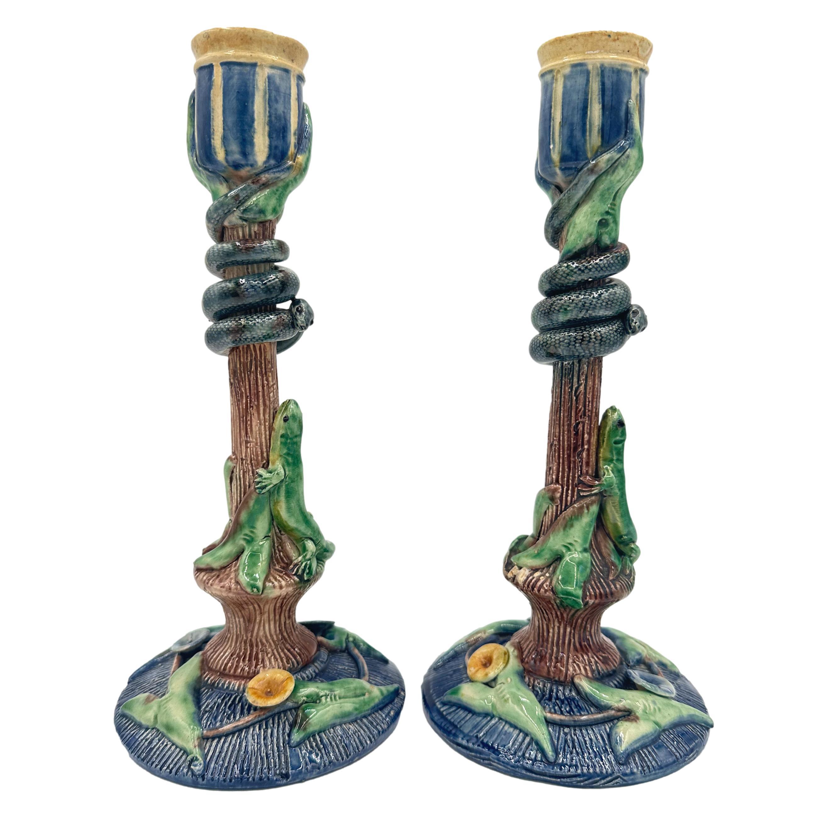 19th Century A Pair of Thomas Sargent Palissy Ware Majolica Candlesticks, French, ca. 1880 For Sale
