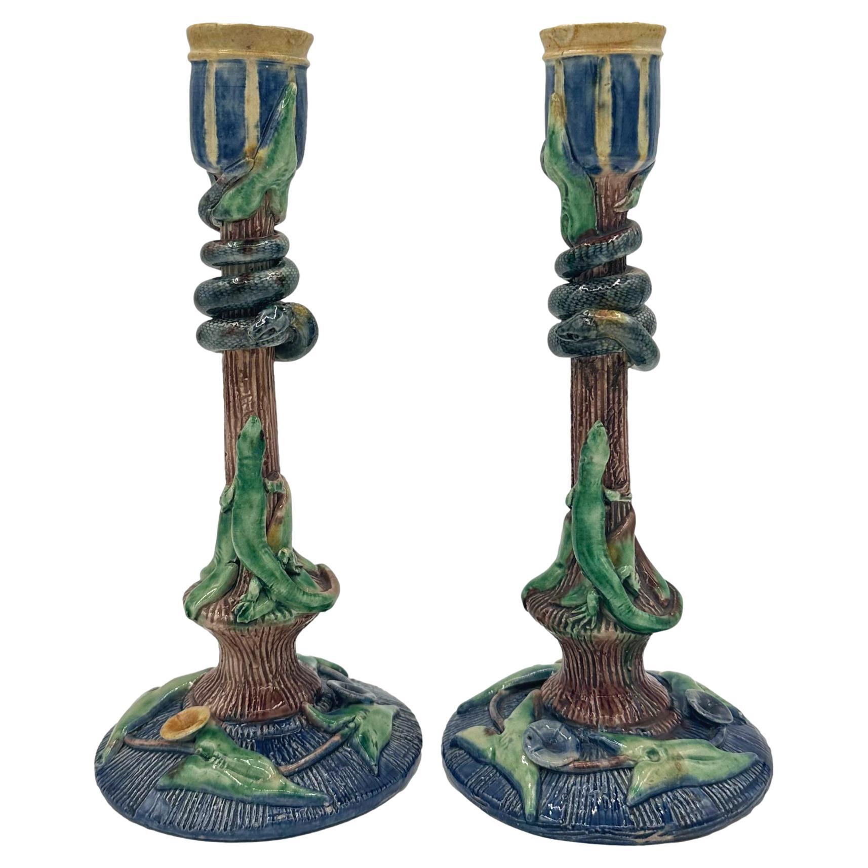 A Pair of Thomas Sargent Palissy Ware Majolica Candlesticks, French, ca. 1880 For Sale