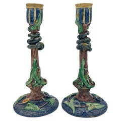 Vintage A Pair of Thomas Sargent Palissy Ware Majolica Candlesticks, French, ca. 1880