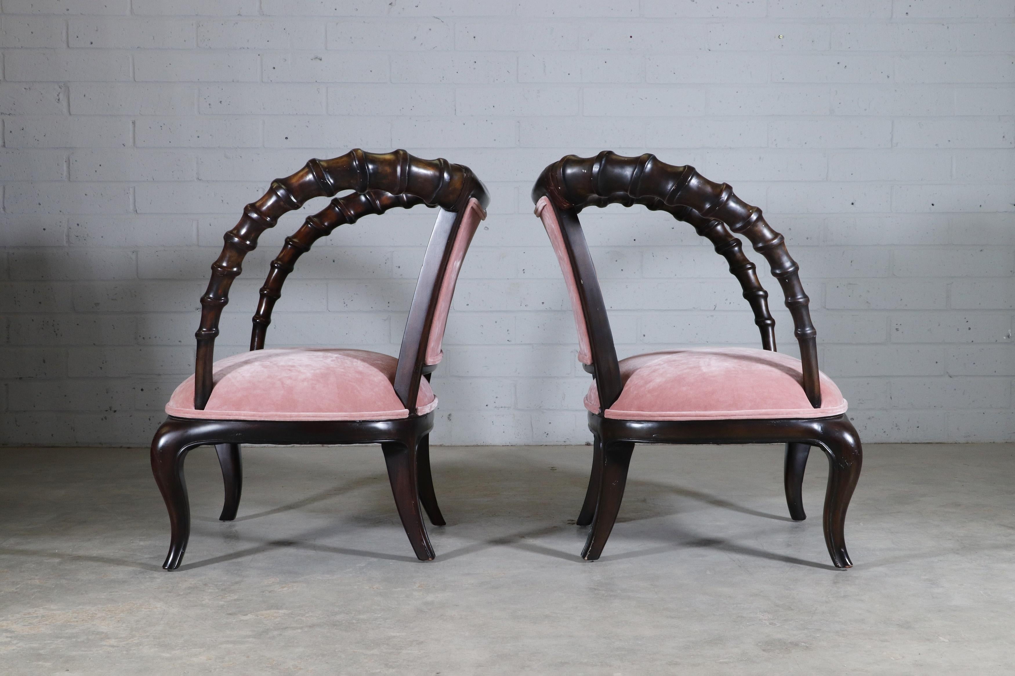 A pair of Thomasville 'Ernest Hemingway' carved alder armchairs
modern, each with armrests carved in the manner of antelope antlers, upholstered in sumptuous blush velvet. 

Provenance: 
Private Collection, UK
