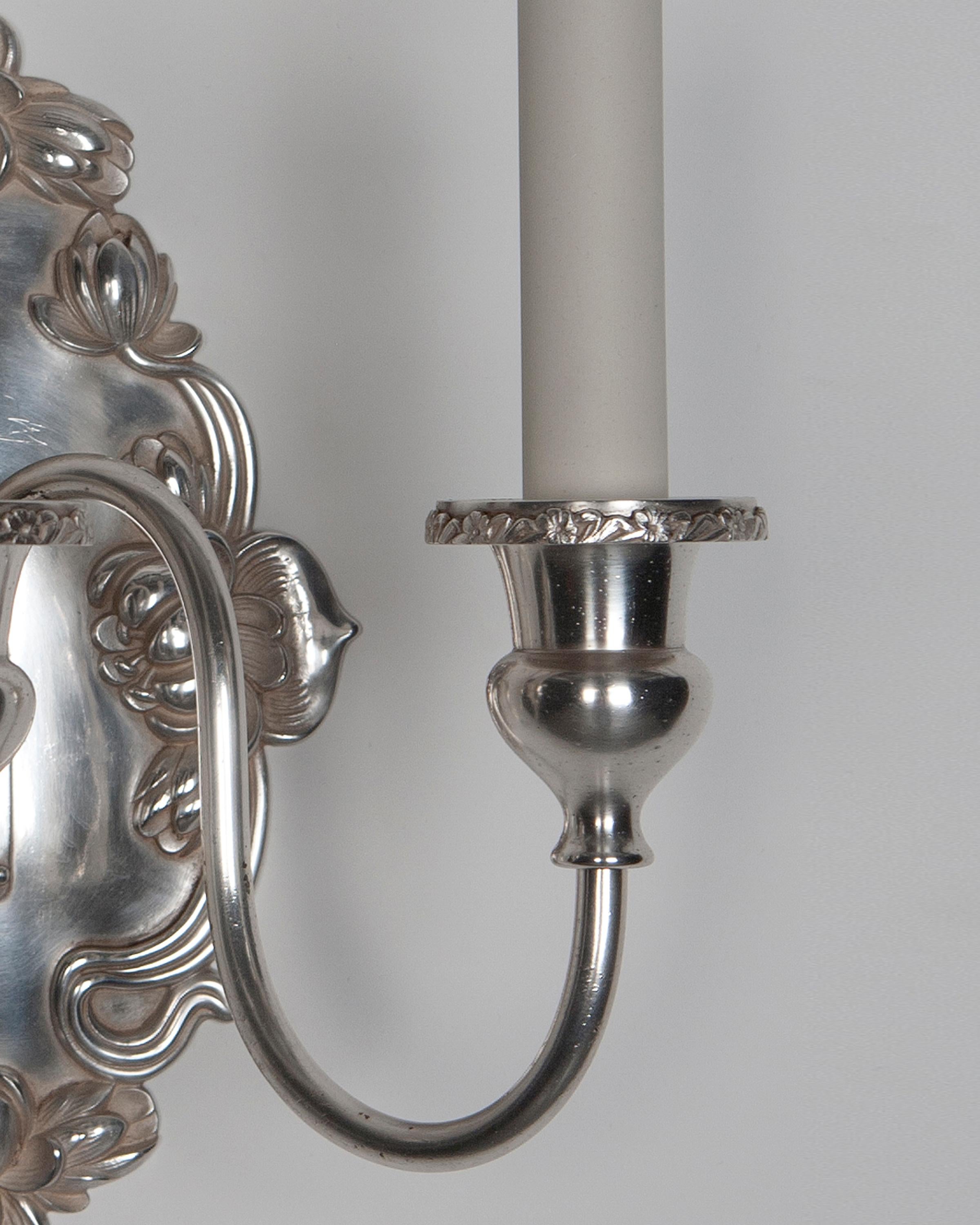 Three Arm Silver Plate Foliate Detail Sconces by Sterling Bronze Co. Circa 1910s In Good Condition For Sale In New York, NY