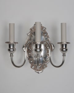 Three Arm Silver Plate Foliate Detail Sconces by Sterling Bronze Co. Circa 1910s