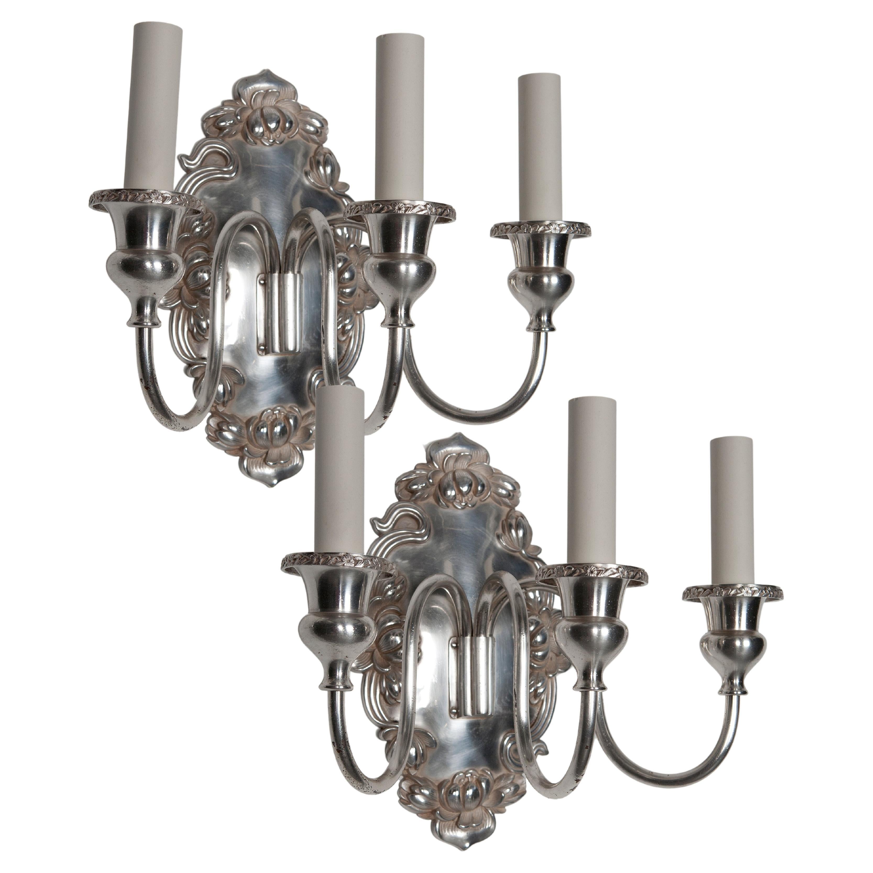 Three Arm Silver Plate Foliate Detail Sconces by Sterling Bronze Co. Circa 1910s