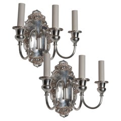 Antique Three Arm Silver Plate Foliate Detail Sconces by Sterling Bronze Co. Circa 1910s